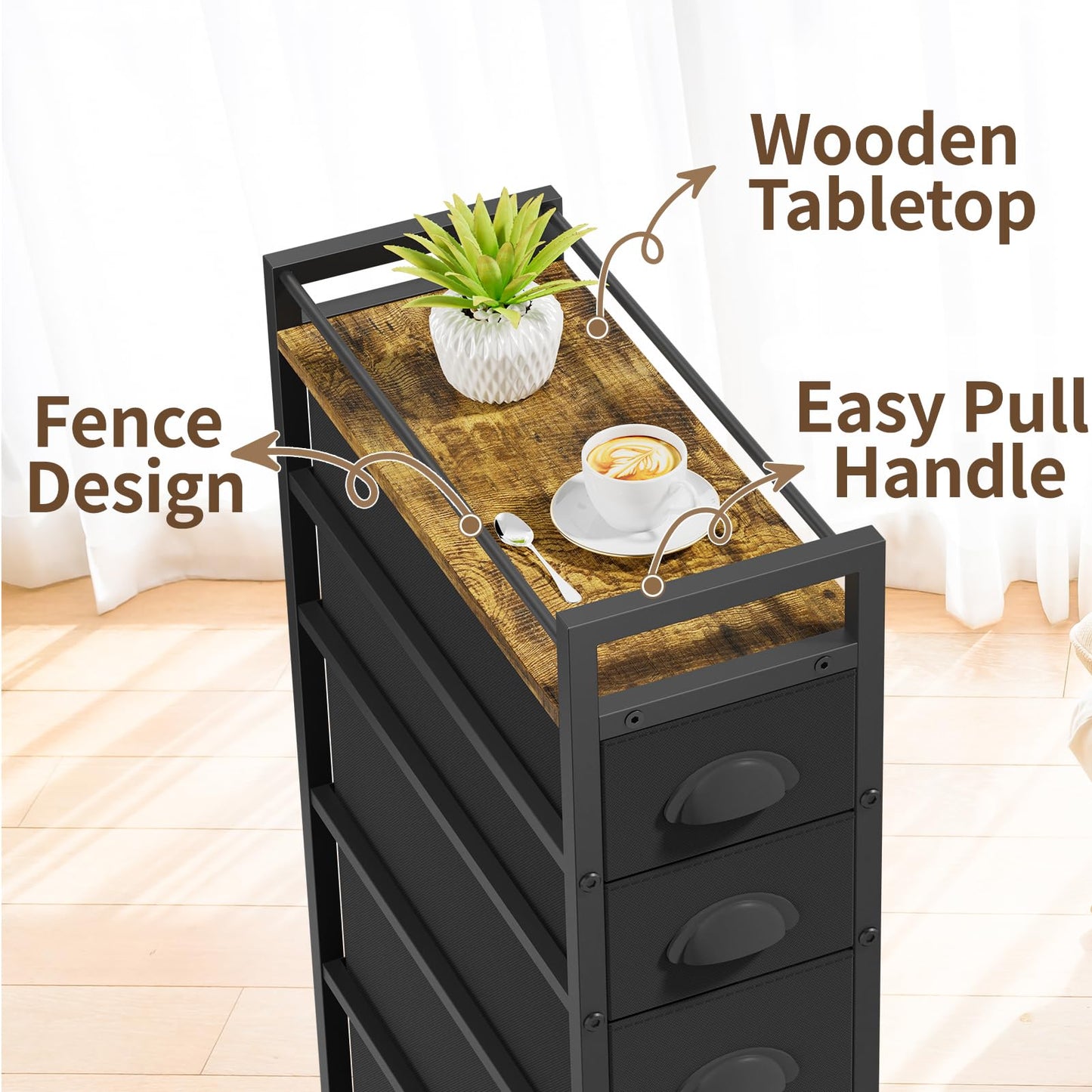 LASZOLA 5 Drawer Narrow Dresser Slim Cabinet Skinny Storage Tower Chest, Ideal for Small Spaces Bathroom, Between Washer and Dryer, Lightweight Mobile on Wheels,Fabric Drawers, Black