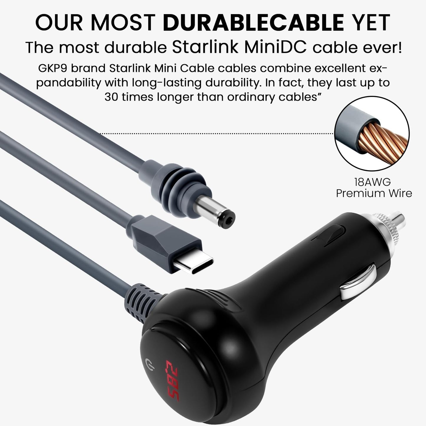 GKP9 starlink mini 12v Adapter, 3 in 1 starlink mini car Adapter Power Cable, 12v-24v Adapter with Digital Display, Waterproof 16awg Car Power Supply for Trucks, Buses, Ships.(16FT)