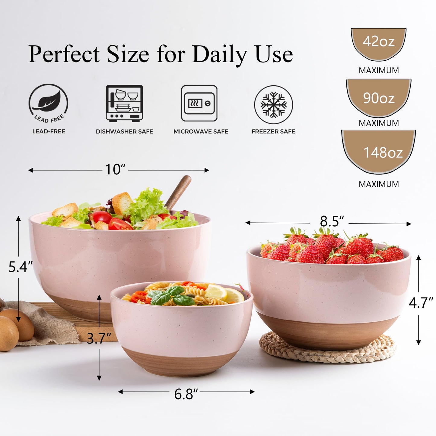 AmorArc Ceramic Mixing Bowls|Nesting Bowls Set of 3 for Kitchen|Stoneware Serving Bowls with Rustic Terracotta Underside for Mixing,Cooking,Baking,Salad| Microwave & Dishwasher Safe 4.6/2.8/1.3 Qt