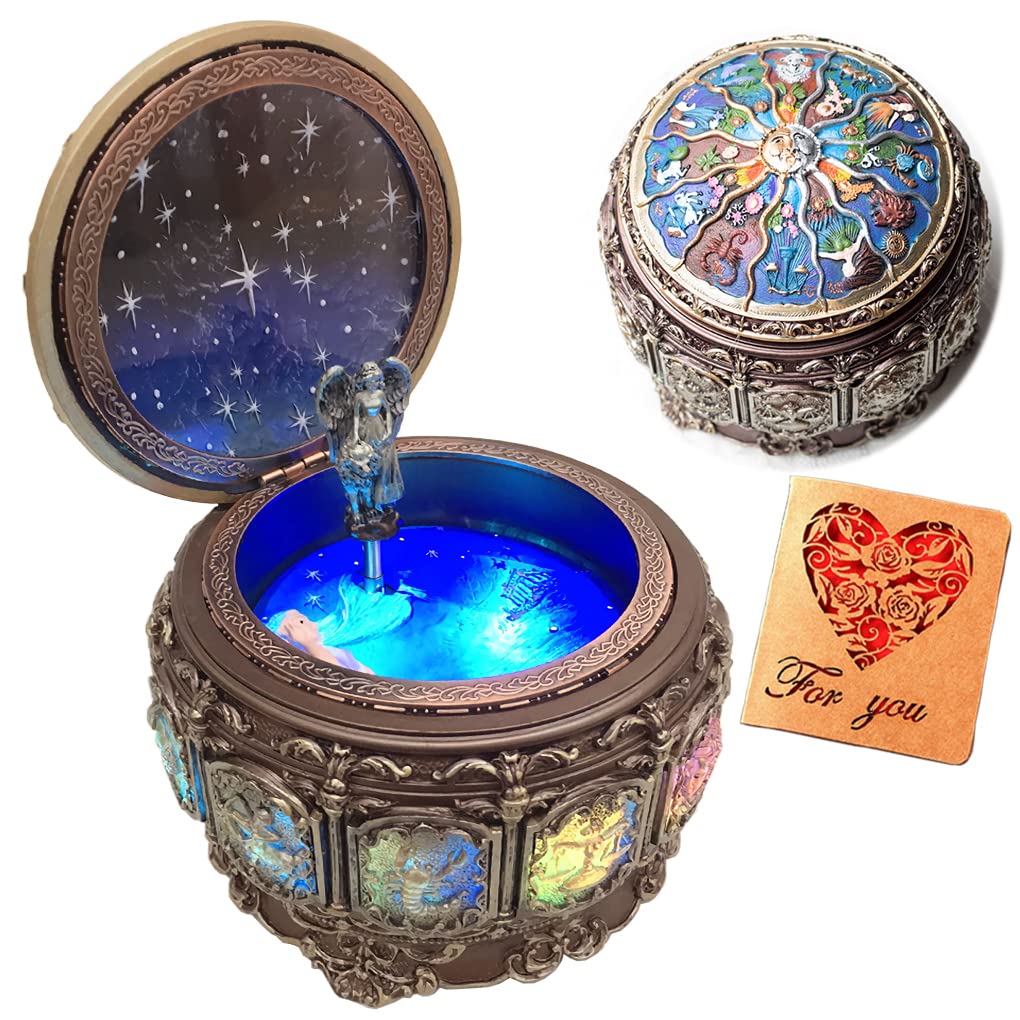 Vintage Music Box with Constellations Rotating Goddess LED Lights Twinkling Resin Carved Mechanism Musical Box with Sankyo 18-Note Wind Up Signs of The Zodiac Gift for Birthday (Upgraded)
