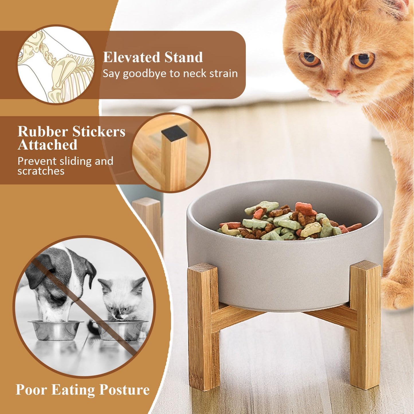 Ceramic Elevated Raised Cat Bowls - Cat Food Dish with Stand - Double Raised Cat Food and Water Bowls Anti Vomiting - Pet Bowl with Anti Slip Rubber pad - Stress Free for Cats and Small Dogs -set of 2