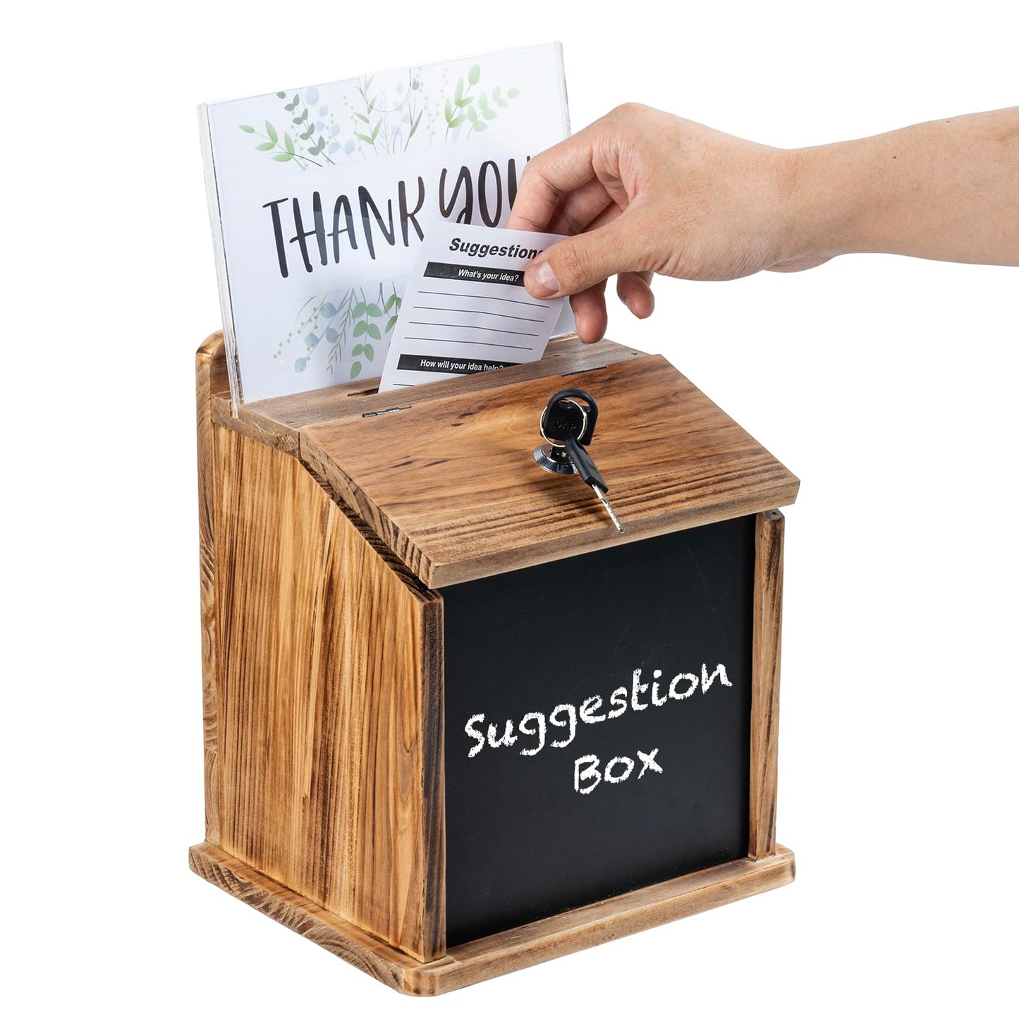 MyGift Tip Jar, Donation Box for Fundraising, Wood Suggestion Box with Lock and Key, Comment Ballot Raffle Box Wall Mountable, Clear Acrylic Sign Holder, Chalkboard Surface