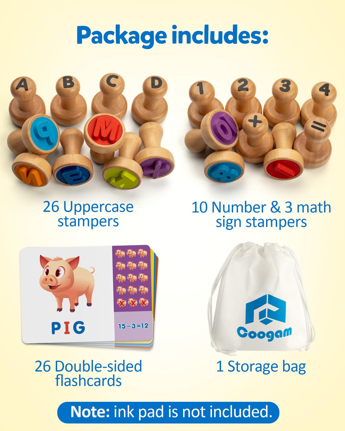 Coogam Wooden Alphabet Number Stamp Flashcard, ABC Spelling Letter Stampers and Mathematics Learning Number Stampers Arts and Crafts Supplies, Montessori Educational Toy Gifts for Kids