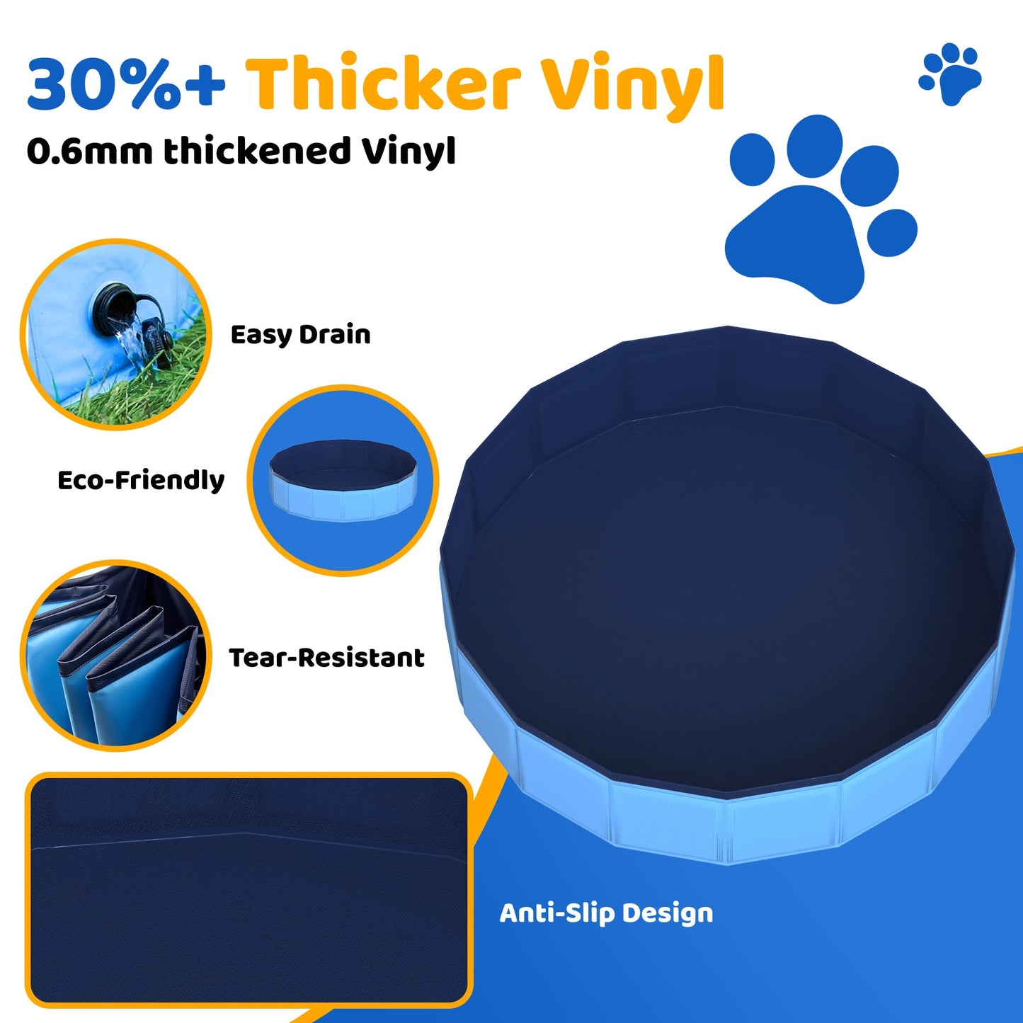 CACSPS 71" x 12" Foldable Dog Pool - Collapsible Hard Plastic Kiddie Pool for Dogs & Kids, Non-Slip Pet Bath Tub for Outdoor Backyard Use, Lightweight & Portable (Blue)
