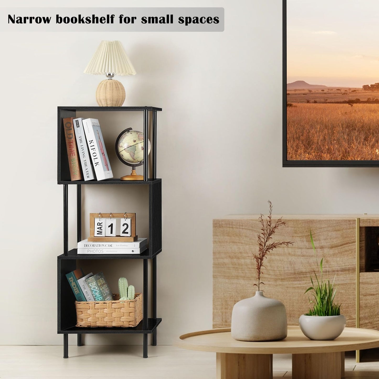 4 Tier Bookshelf for Small Spaces Narrow Black Bookcase Organizer S-Shaped Wood Corner Bookshelves for Bedroom, Study Room, Living Room and Home Office