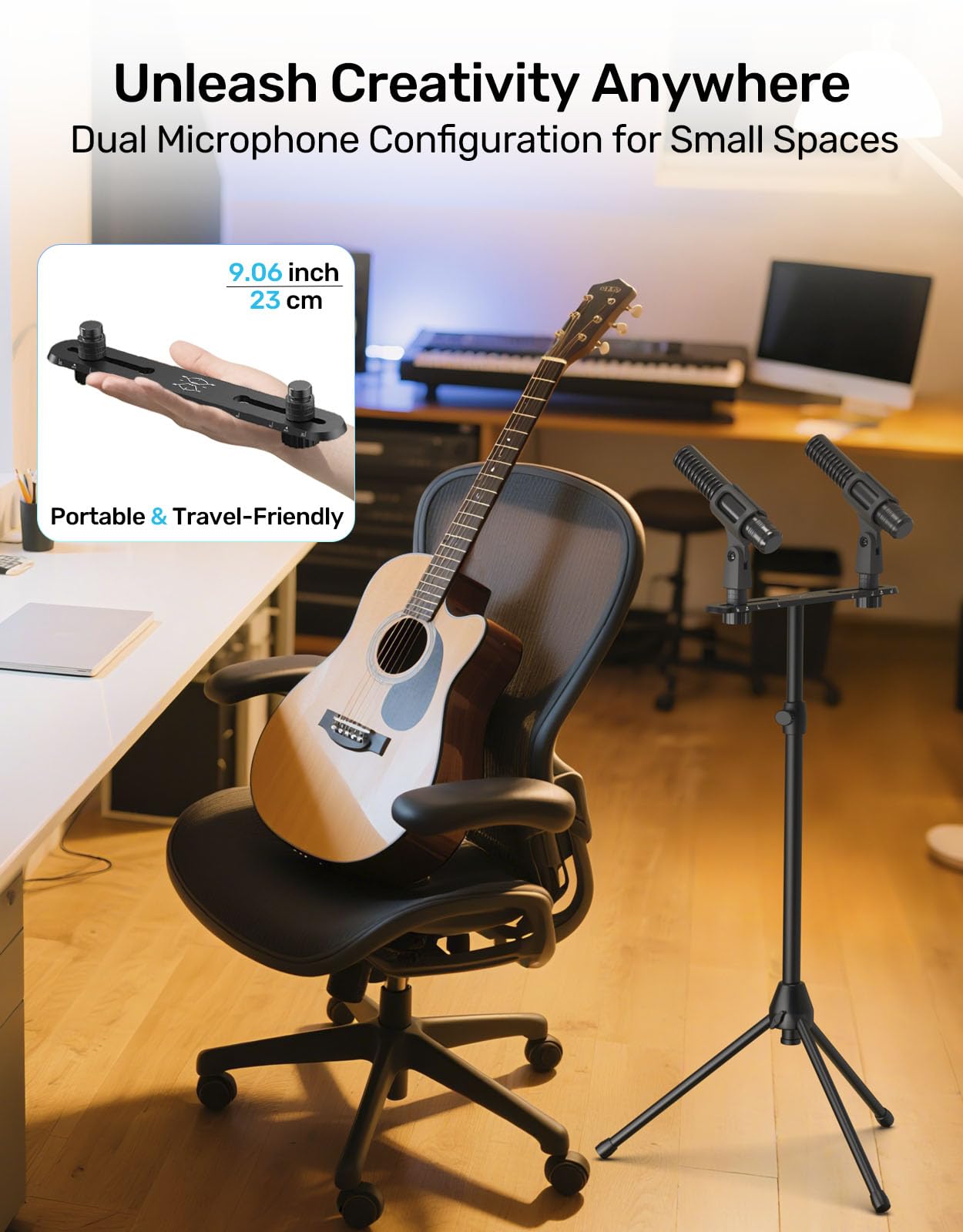 Etour Stereo Mic Bar for XY ORTF Recording, Stereo Array Spacing Dual Microphone Mount Bracket with Ruled Markings - 2 Mics Holder, Fits 3/8", 5/8" & 1/4" Thread Mic Stand with Included Adapter