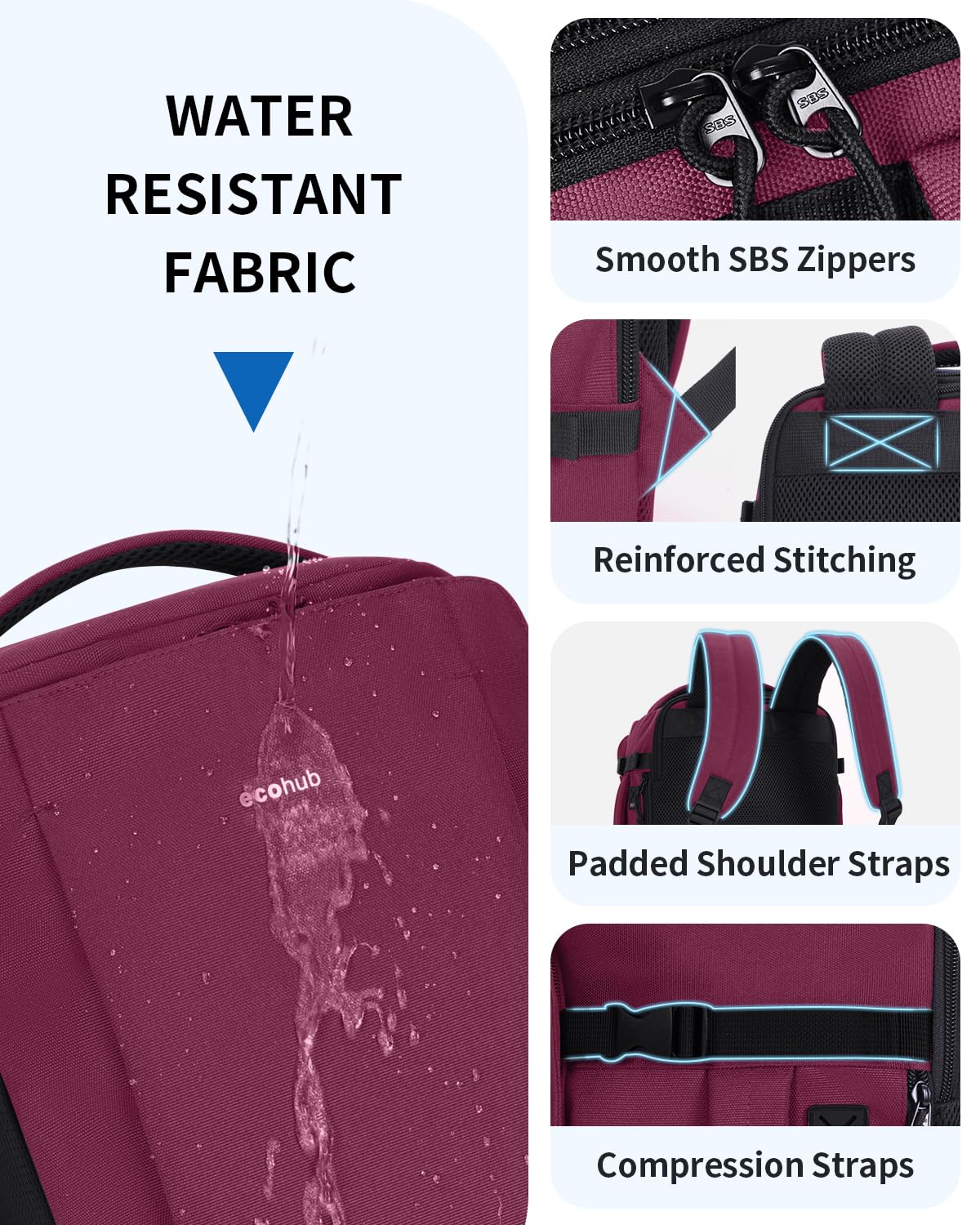 ECOHUB Travel Backpack for Women Men Fits 17.3" Laptop Airlines Approved UnderSeat Carry On Travel Luggage Bag with Charging Port Water Resistant 11 Pockets Business Work, Red
