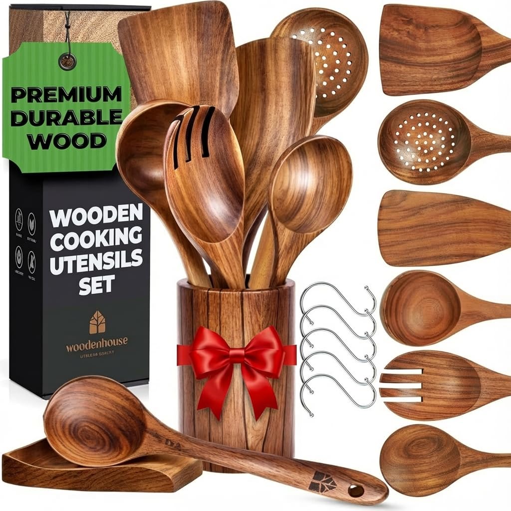 Wooden Spoons for Cooking, Cooking Utensils Set, Kitchen Utensil Set with Holder, Spoon Rest & Hanging Hooks, Teak Wood Nonstick Cookware – Durable Set of 8pcs by Woodenhouse