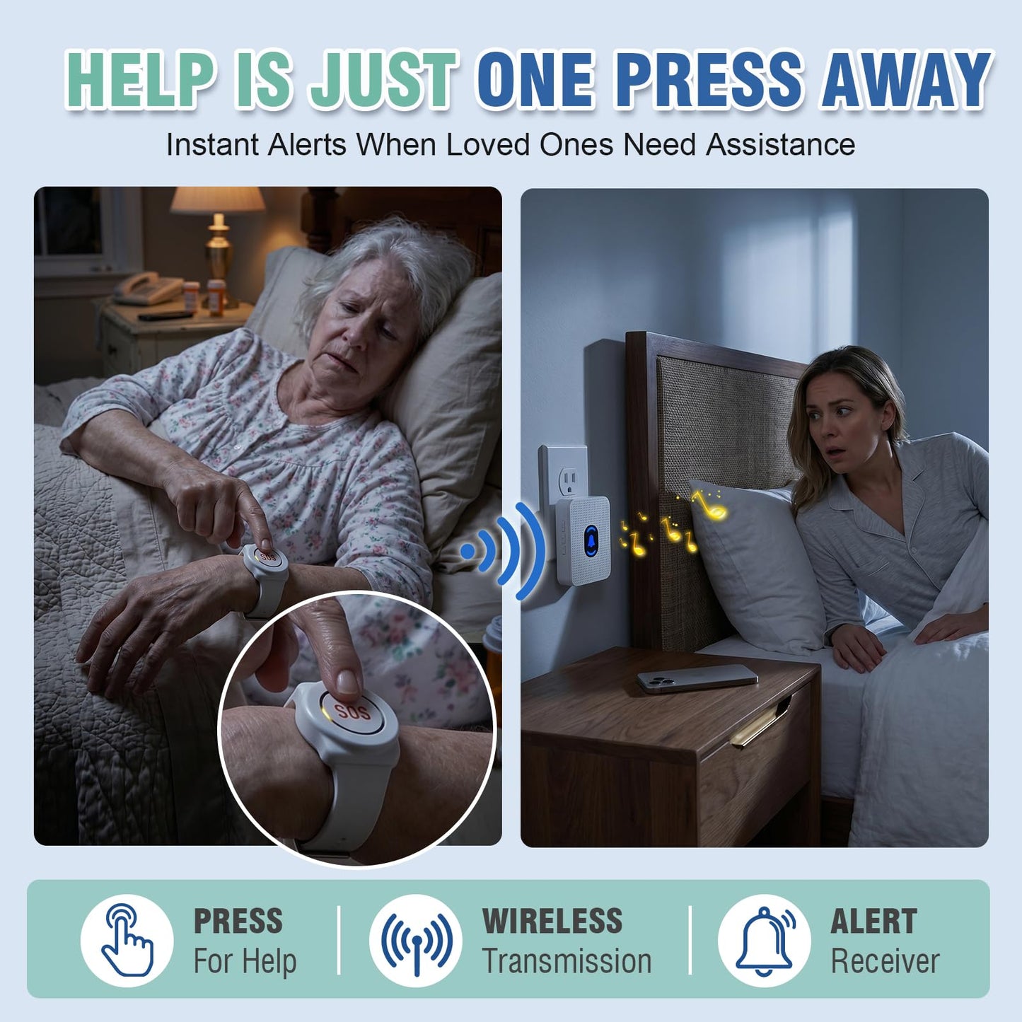 Daytech Caregiver Pager Call Button for Elderly Caregiver Paging System Home Alert Pager for Seniors Patient Nurse Medical Help Button 2 Receiver & 3 Panic Emergency Button