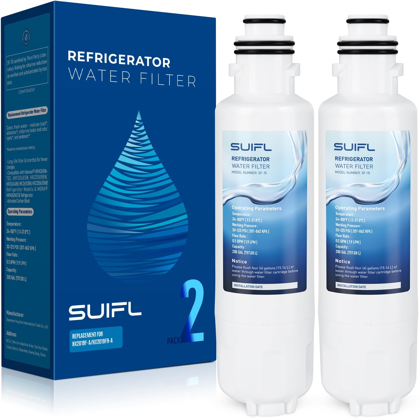 Suifl HX2019FR-A Water Filter Replacement, Compatible with Hisense HX2019FR-A, HX2019F-A, HRM260N6TSE, HRFD560SW, HRCD585BW, HRFD634BW, HRCD650BW, HRCD586TBWB and Mora MRM260N6TSE, 2 Pack