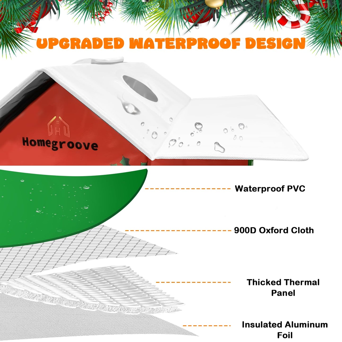 Homegroove Christmas Heated Cat House for Outside - 25 x 17 x 18 inches Festive Weatherproof & Insulated Outdoor Shelter with Heating Pad, Skylight for Stray & Feral Cats