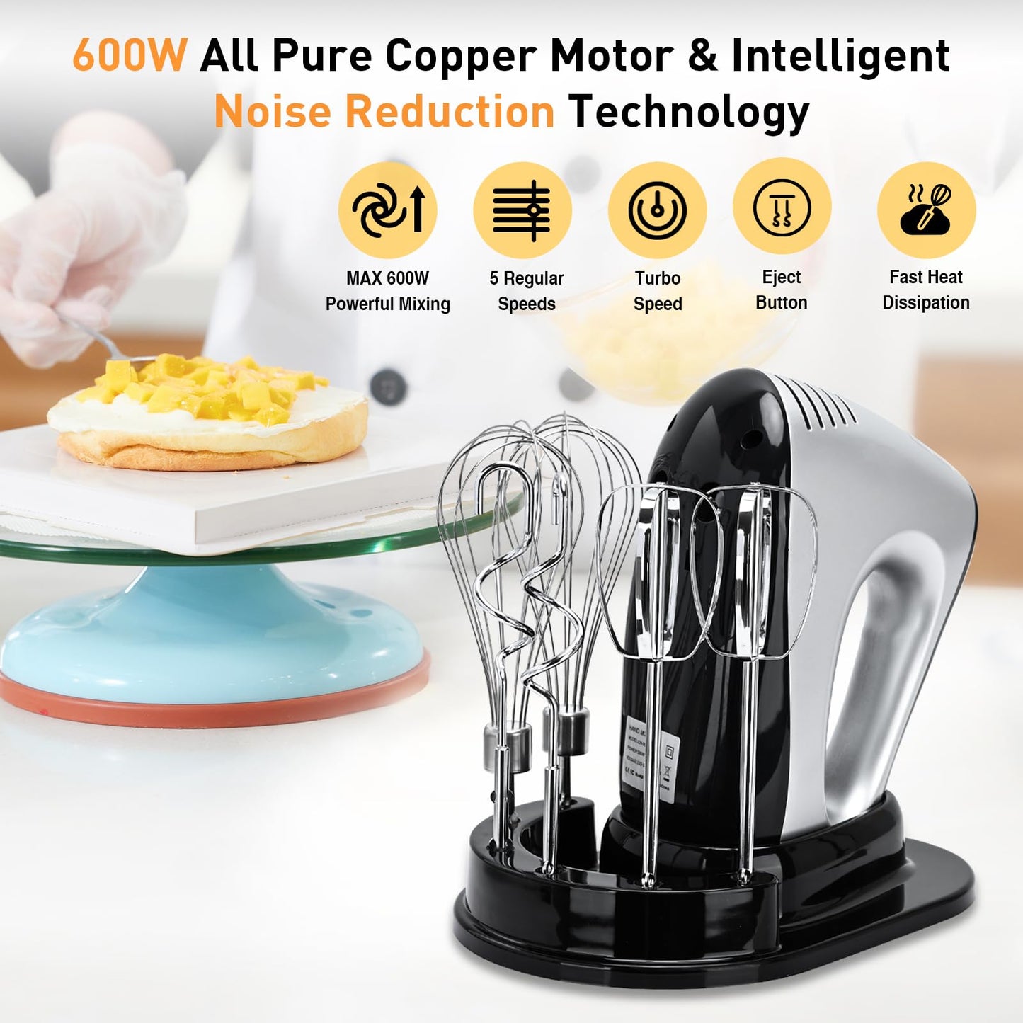 Hand Mixer Electric, Lychee 5 Speed 600W Ultra Power Handheld Mixer with Touch Button, Turbo, Storage Case, 6 Stainless Steel Accessories, Kitchen Aid Mixer for Cake Cookie Egg Cream Dough (Silver)
