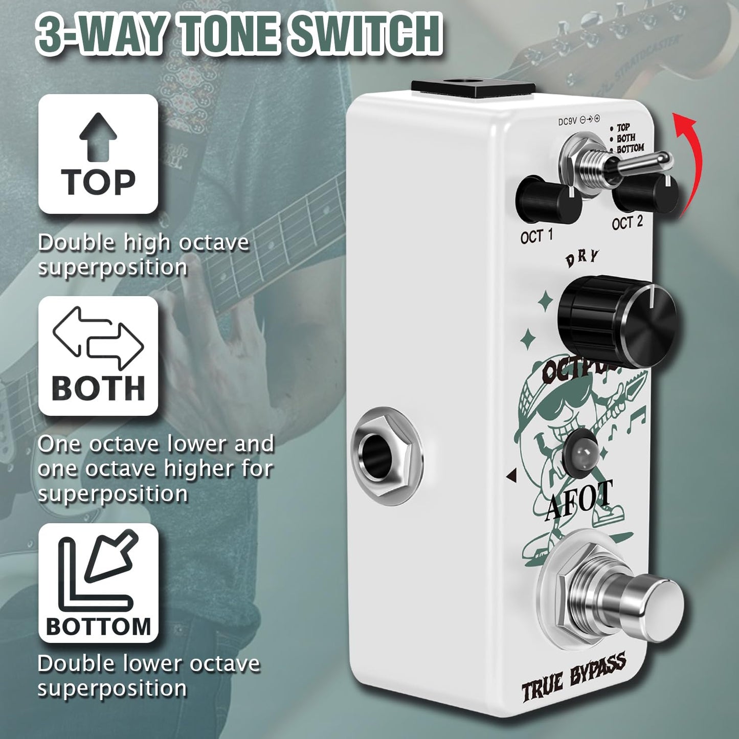Polyphonic Octave Guitar Pedal, Digital Octave Mini Pedal,3 Modes Octave Shifter with Top/Both/Bottom Selection, Compact & Practical Aluminum Build, True Bypass for Electric Guitar