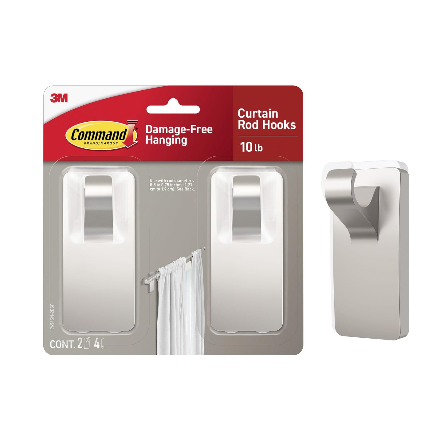 Command 10 lb Satin Nickel Curtain Rod Hooks, 2 Hangers and 4 Command Strips, No Drilling Home Decor and Room Decor, Use with Rod Diameters 0.5-0.75"