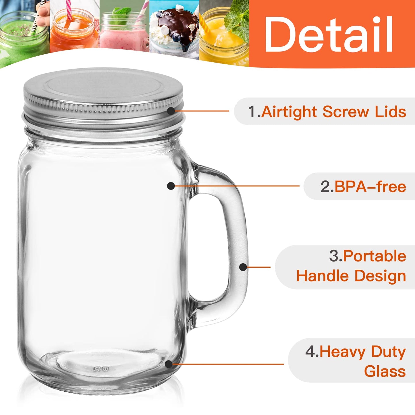 16 oz Glass Mason with Lids,9 Pack Reusable Mason Jars with Handle,Glass Overnight Oats Jar,Drinking Jars,Beer Mugs for Smoothies,Preserve,Cocktails,Party Favors