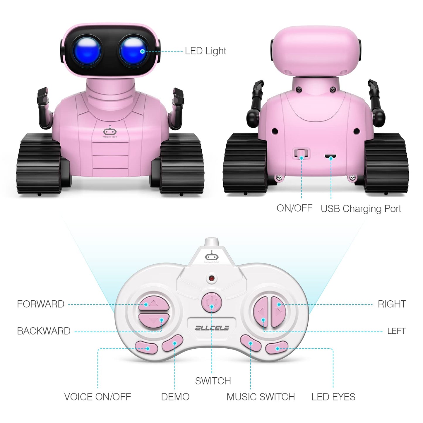 ALLCELE Girls Robot Toy, Rechargeable RC Robots for Kid, Remote Control Toy with Music and LED Eyes, Gift for Children Age 3 Years and Up - Pink
