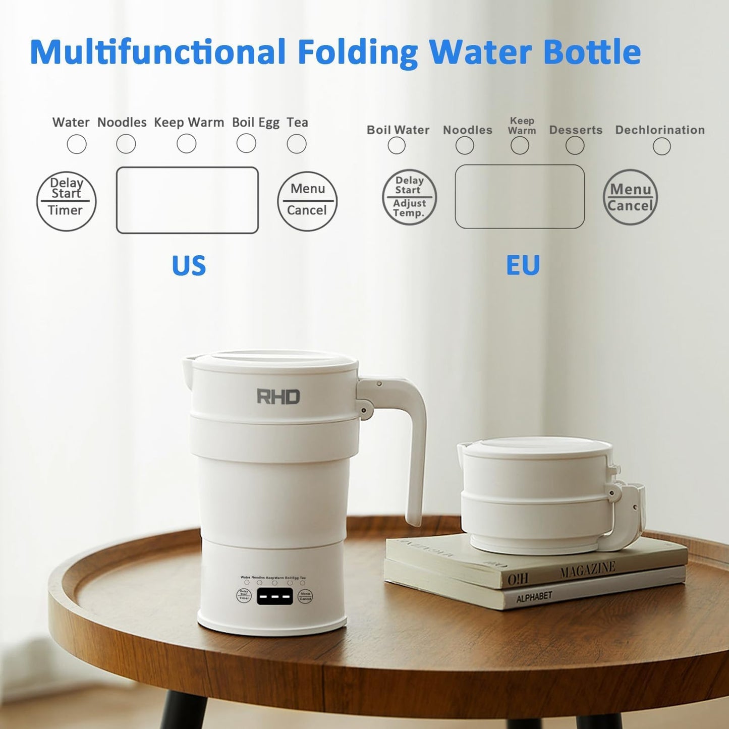 Foldable Travel Electric Kettle, 0.7L Small Portable Camping Hot Water Kettle with Temperature Control & LED Display, Collapsible Silicone Boiler for Outdoor Business Trip, 600W