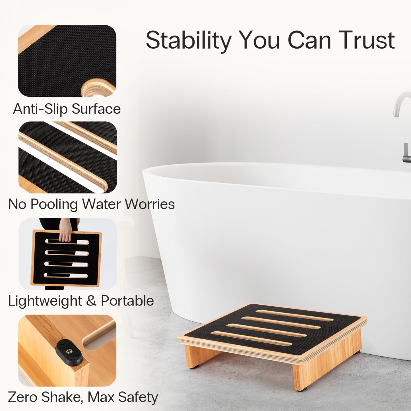 StrongTek One Step Stool for Adults with Non-Slip Rubber Stepping Surface, Portable Single Wooden Riser, 440 lb. Load Capacity for Kitchen, Bathroom, or Bedside, Kid and Senior Support (Natural)