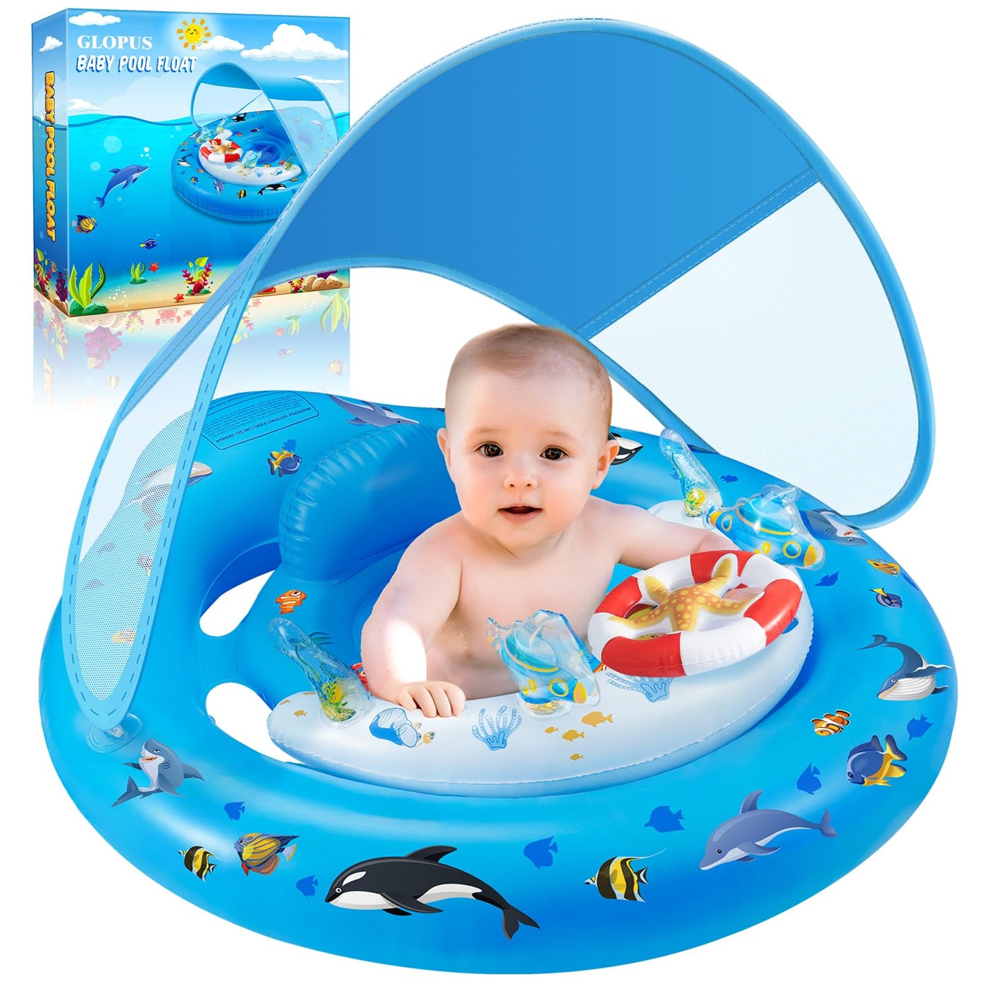 Baby Pool Float with Canopy UPF50+ Sun Protection, Inflatable Kids Pool Floats with Ocean Animal Toys for Baby 6-36 Months, Infant Swimming Float with Adjustable Safety Seat for Girls Boys