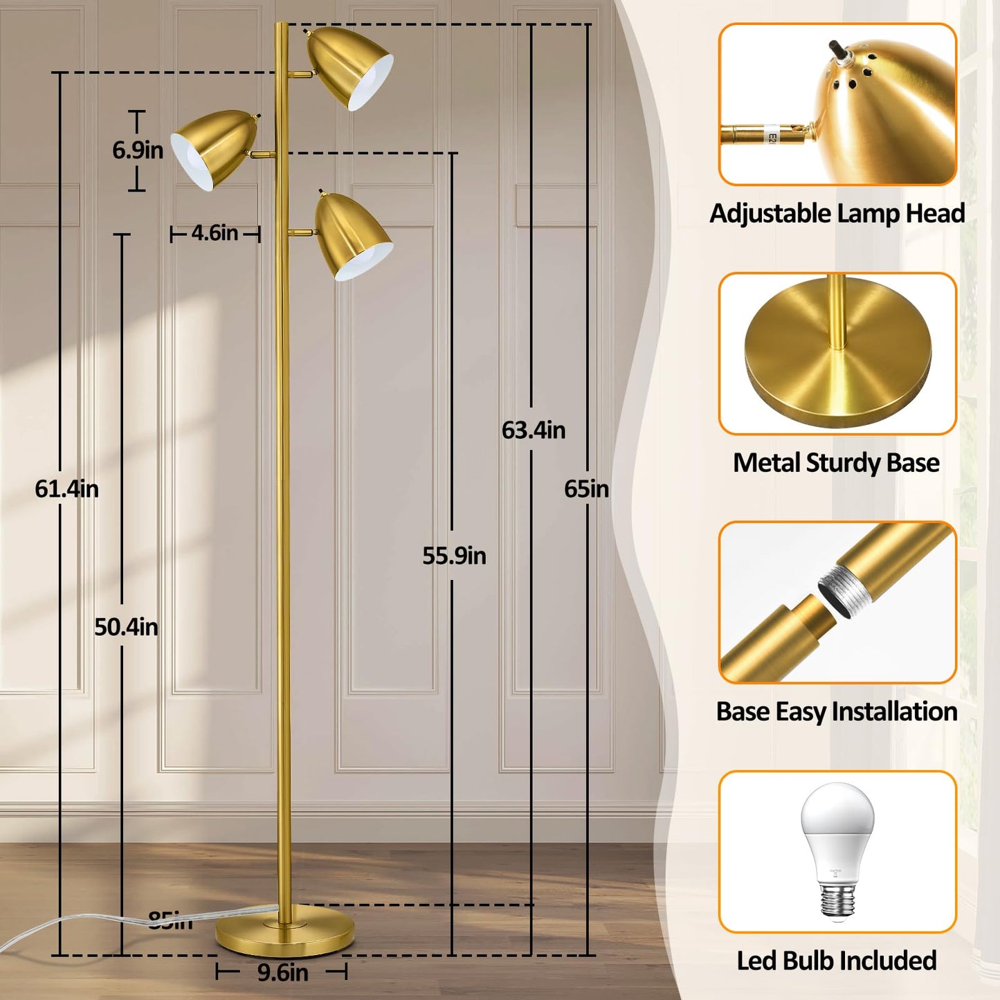 CNXIN Tree Floor Lamp with 3 Light Bulbs Standing Tall Pole Lamps with Adjustable Metal Heads 65"Reading Stand up Lamps with E26 Base Modern Floor Lamps for Living Rooms, Bedrooms, Home, Office(Gold)