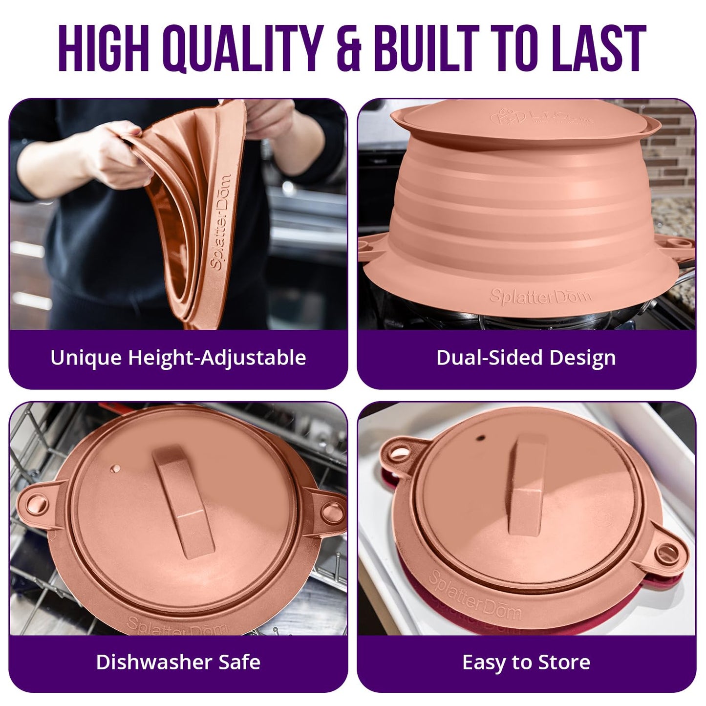 L.I.Q Silicone Splatter Guard – Fits 10 and 12 Inch Pots (25 and 30 Centimeters) – Microwave Safe and Durable SplatterDom - Includes 10” Lid - Food and Oil Splash Guard (Terra Cotta, Large)