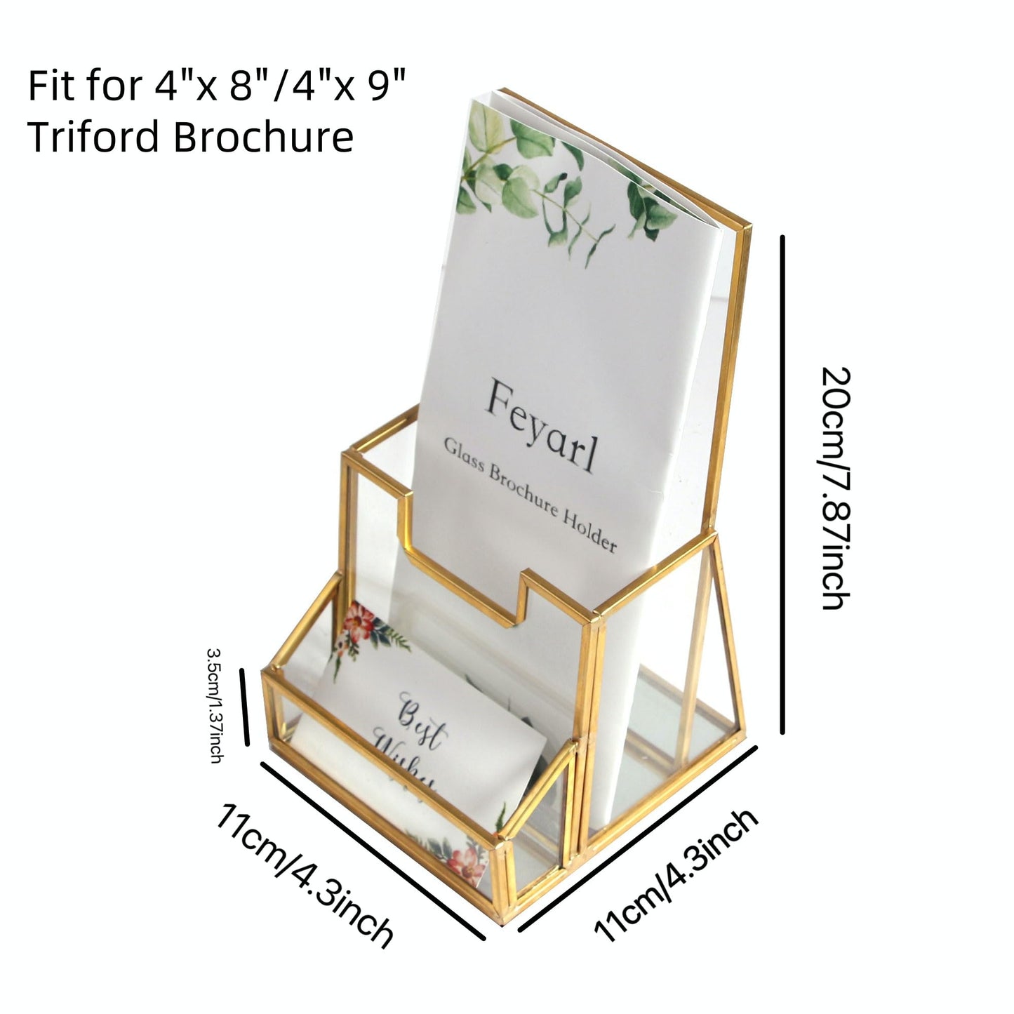 Feyarl Gold Glass Brochure Holder Pamphlets Cards Literature Holder Flyer for 4" Trifold Holder Glass Display Stand with Business Card Holder for Brochures Magazines Literatures Display