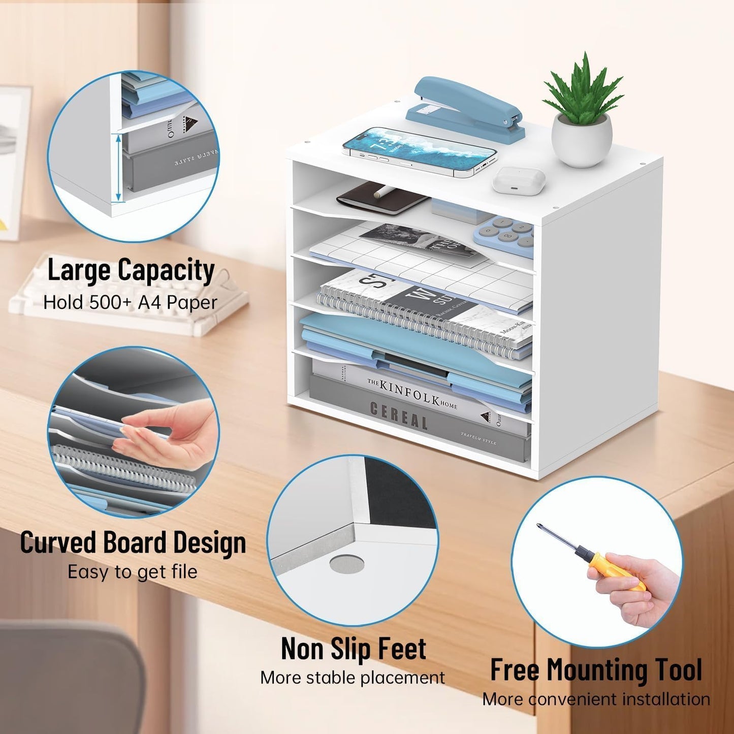 SHARKWOODS 5-Tier Wood Desk Organizer, Paper Sorter for Desktop with Adjustable Storage Shelves, Desktop Mail Holder for Office Home Classroom, White