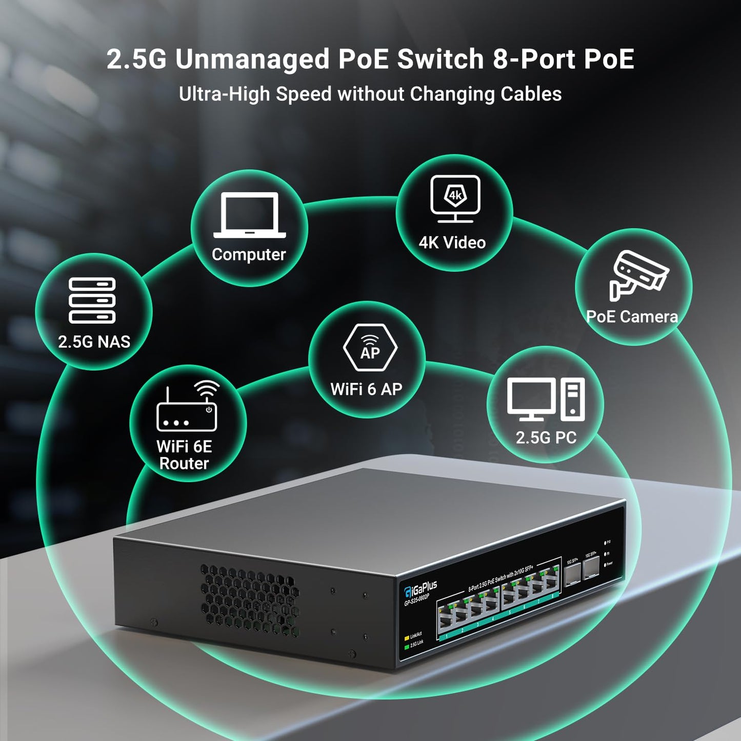 10 Port 2.5Gb Unmanaged PoE Switch with 8*2.5G Base-T PoE Ports, 2*10G SFP+ Uplink, 802.3af/at (PoE+), 80Gbps Switching Capacity, GigaPlus 2.5G PoE Switch for 2.5Gb NAS/PC, WiFi6 Router, Wireless AP