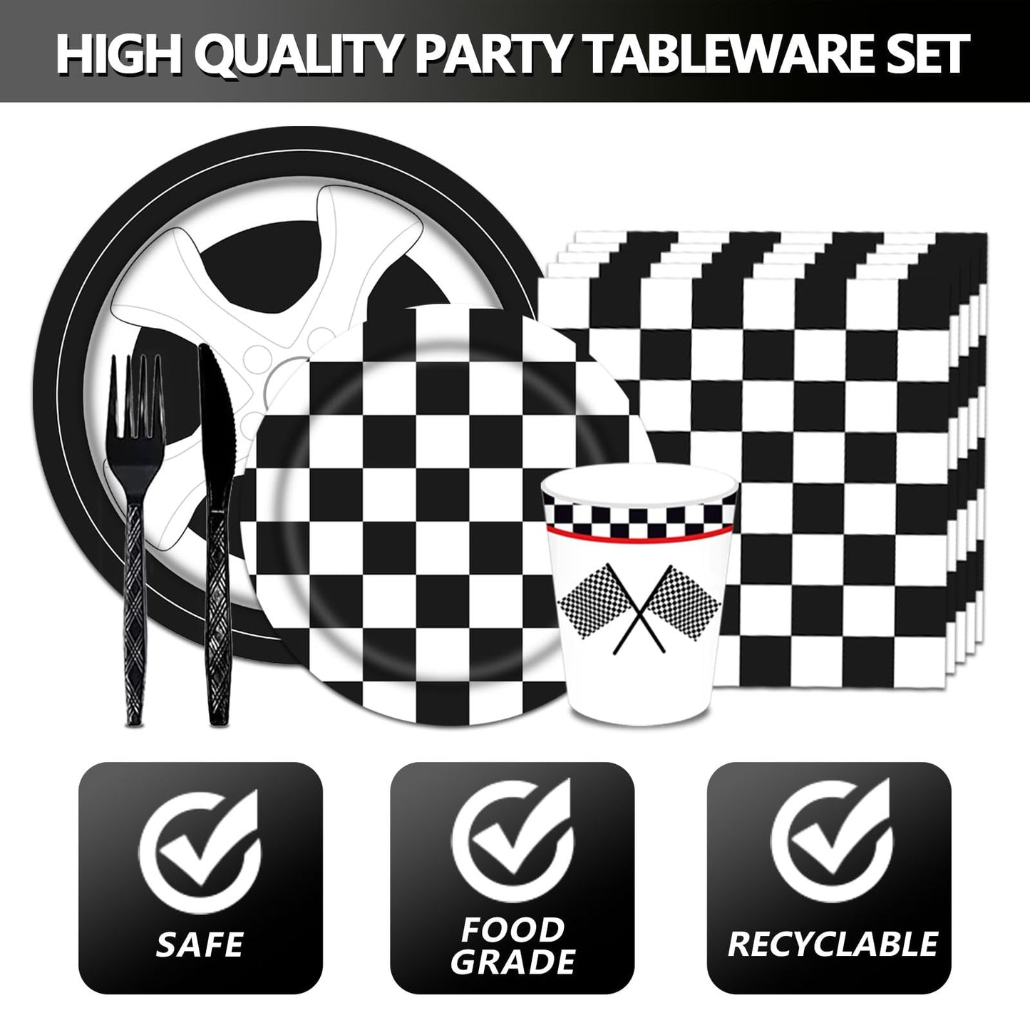 Poqirzan 146PCS Race Car Party Tableware Set Racing Car Plates and Napkins Party Supplies Black and White Checkered Race Car Birthday Party Decorations Car Tablecloth Paper Plates Napkins Set Serve 24