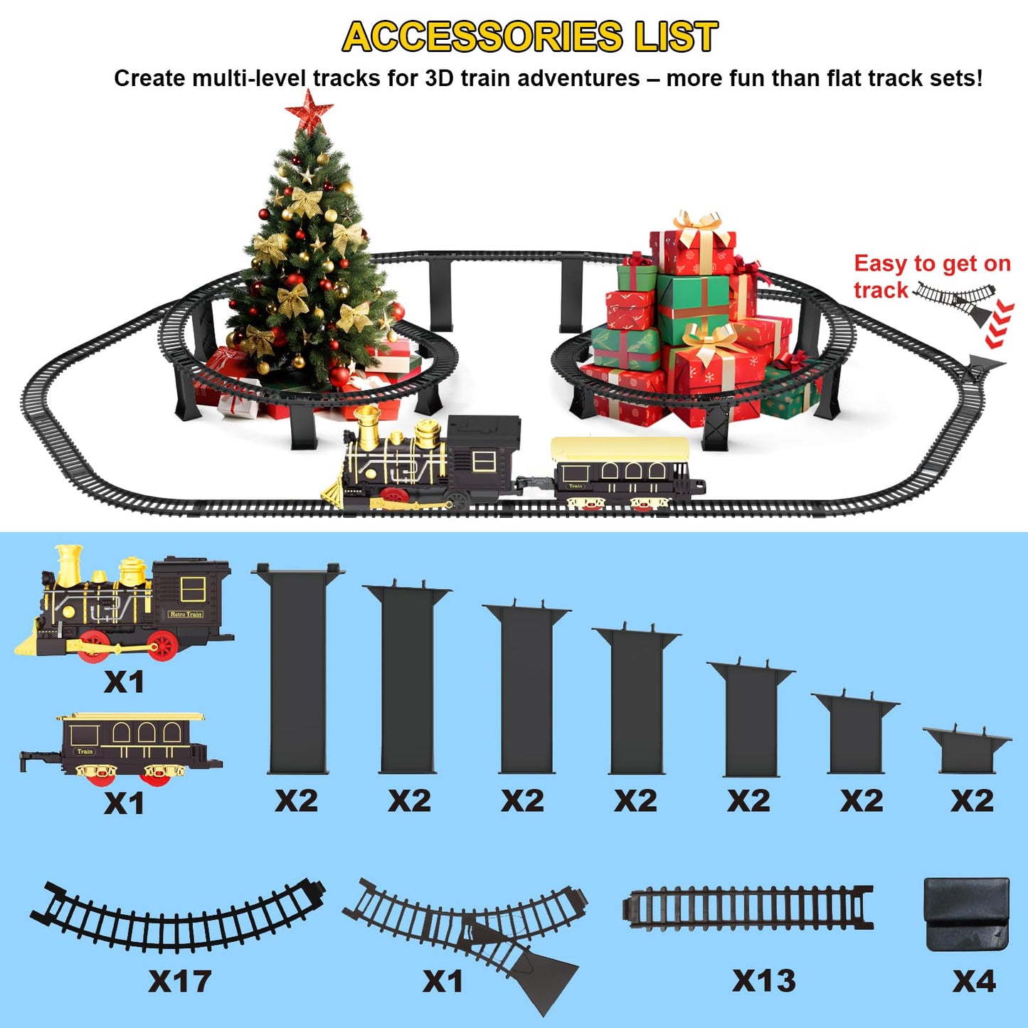 Electric Train Set with 3D Elevated Tracks Music, Locomotive Passenger Carriages, Lights & Quiet Mode Christmas Train for Kids Birthday Gift Holiday Toy for Boys Girls 3 4 5 6 7