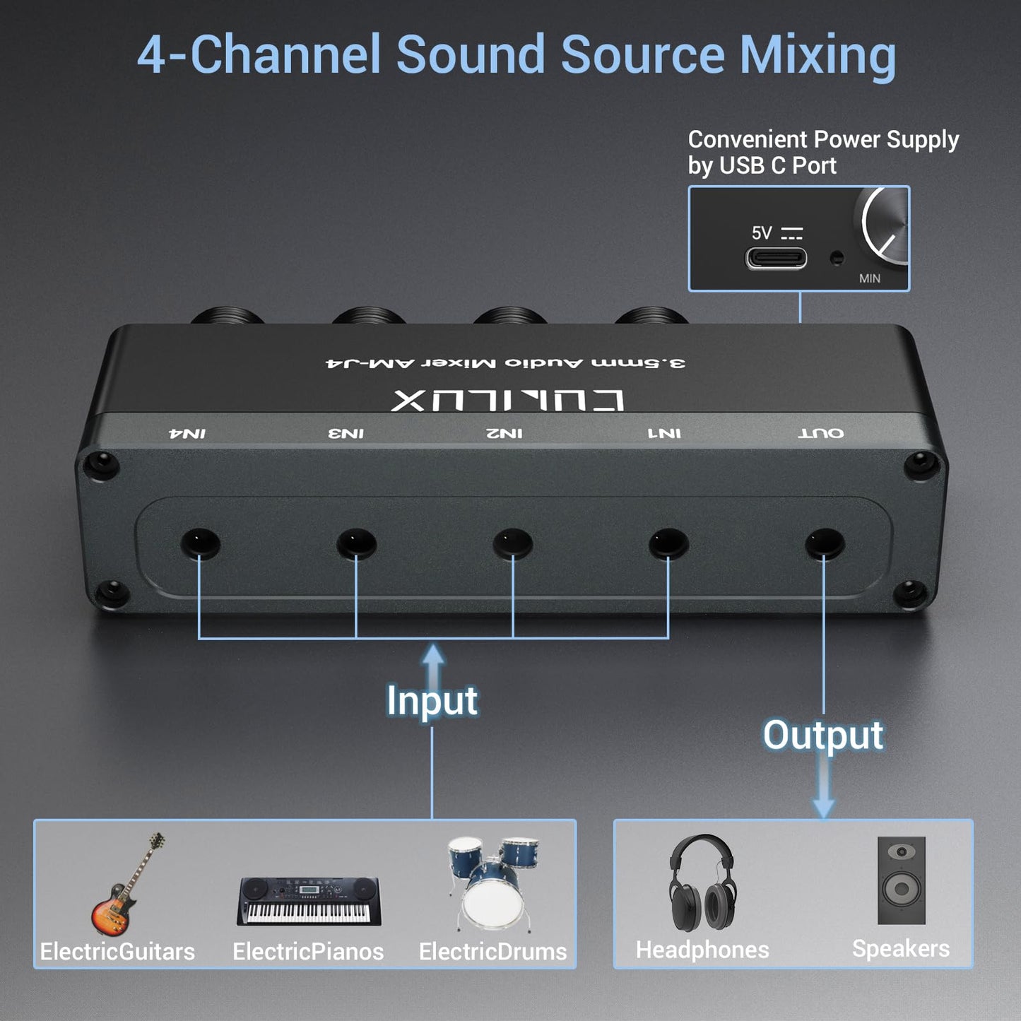 Cubilux 4-Channel 3.5mm Audio Mixer, Ultra-Low-Noise Mini Audio Mixer for Sub-Mixing, 1/8” 4 Channel Audio Switcher DC 5V, Suitable for Smartphone Audio System, Guitars, Bass, Keyboards