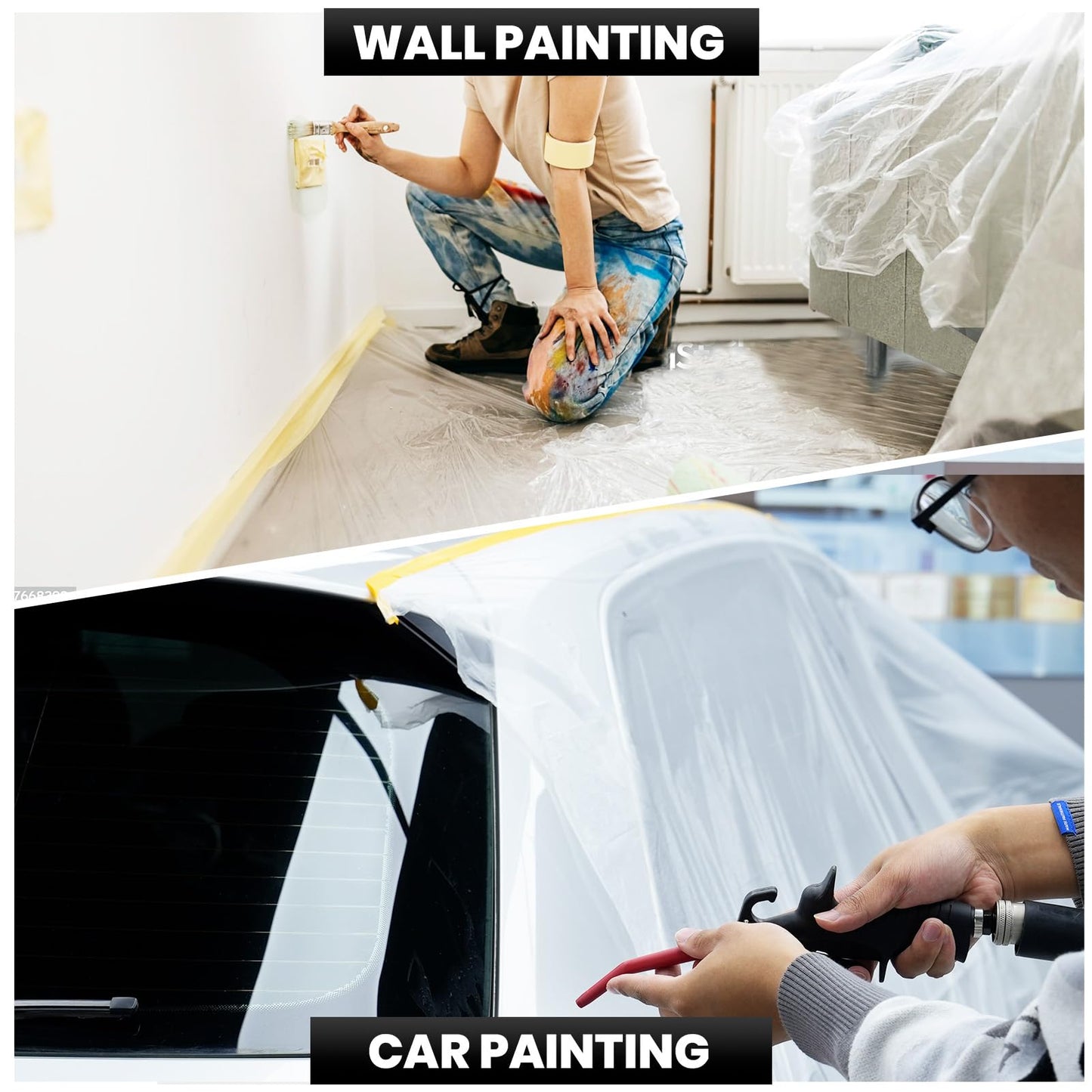 ADHES Pre Taped Masking Film with Adhesive Edge, 55 inch x 108feet x 3 Rolls No Residue Masking Tape for Painting, Automotive, and DIY Projects Tape and Drape for Floor Furniture Protection