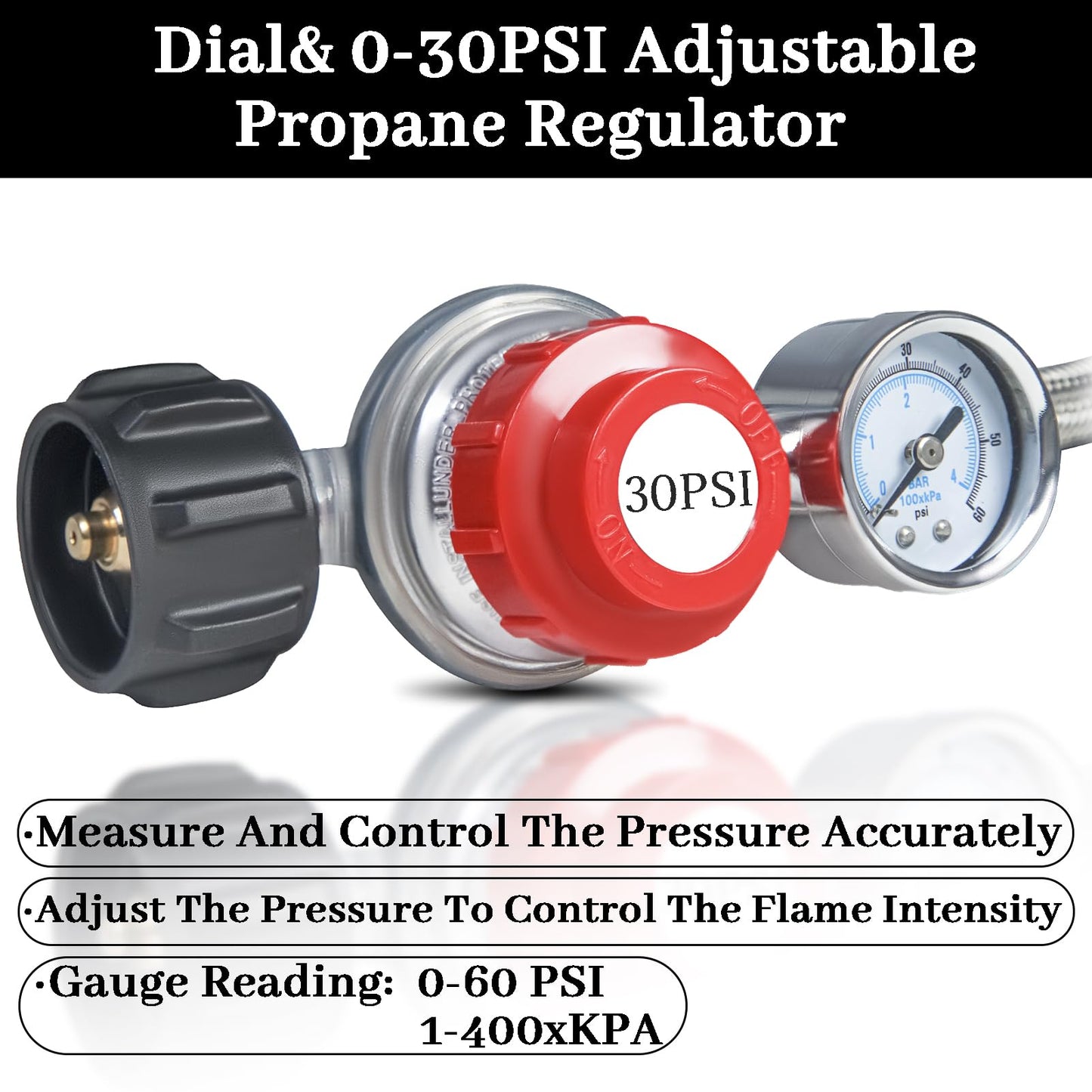 12FT 0-30PSI High Pressure Adjustable Propane Regulator with 0-60PSI Gauge Gas Flow Indicator, Stainless Steel Braided Hose and Gas Grill Regulator, QCC1x3/8 Female Flare Fitting for Gas Tank Cooker