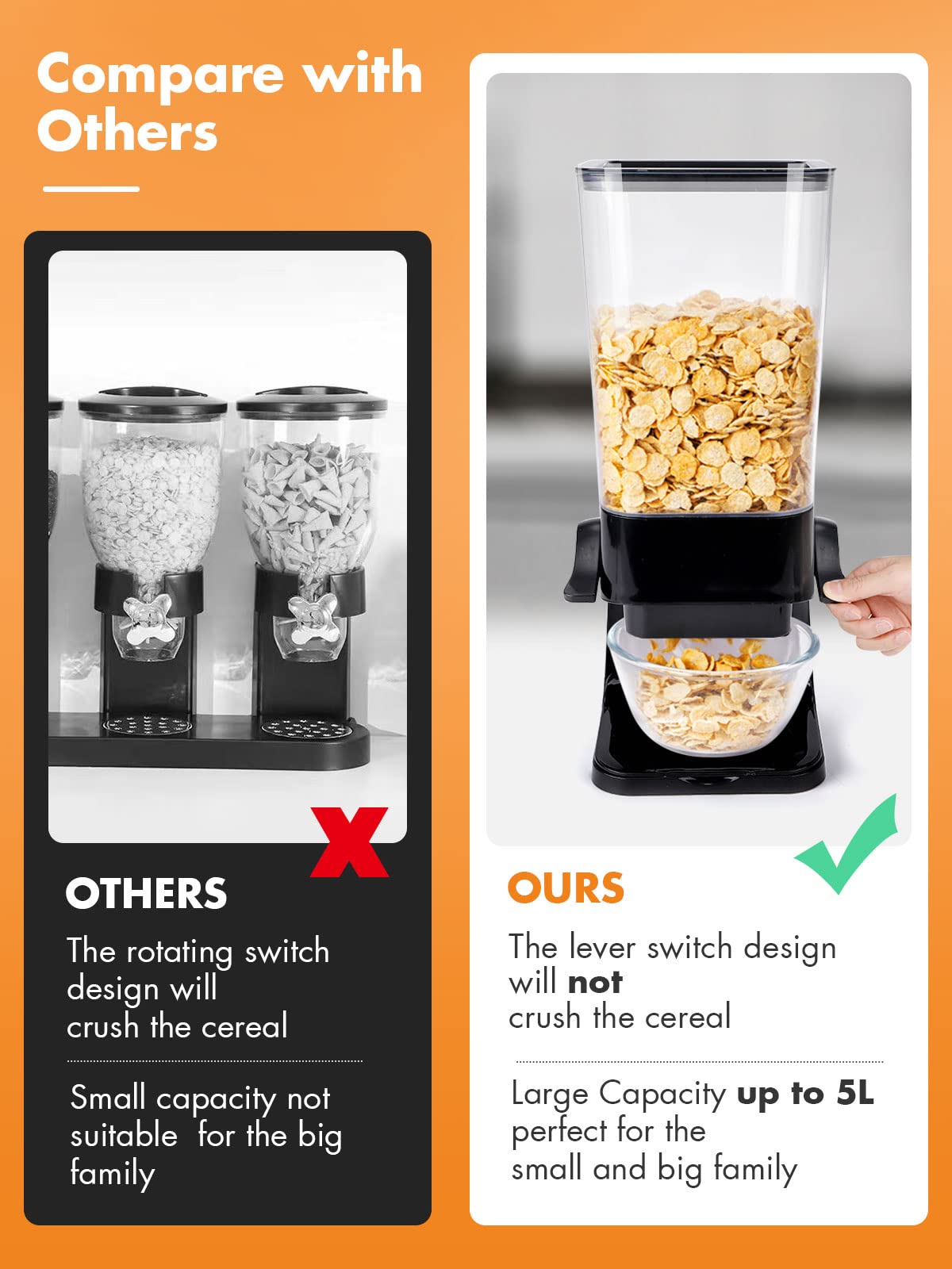 Tokokimo Cereal Dispensers Countertop, Dry Food Dispenser Storage Container Organizer for Granola, Cereal, Dry Food, Cat Food, Black(2 Pcs)