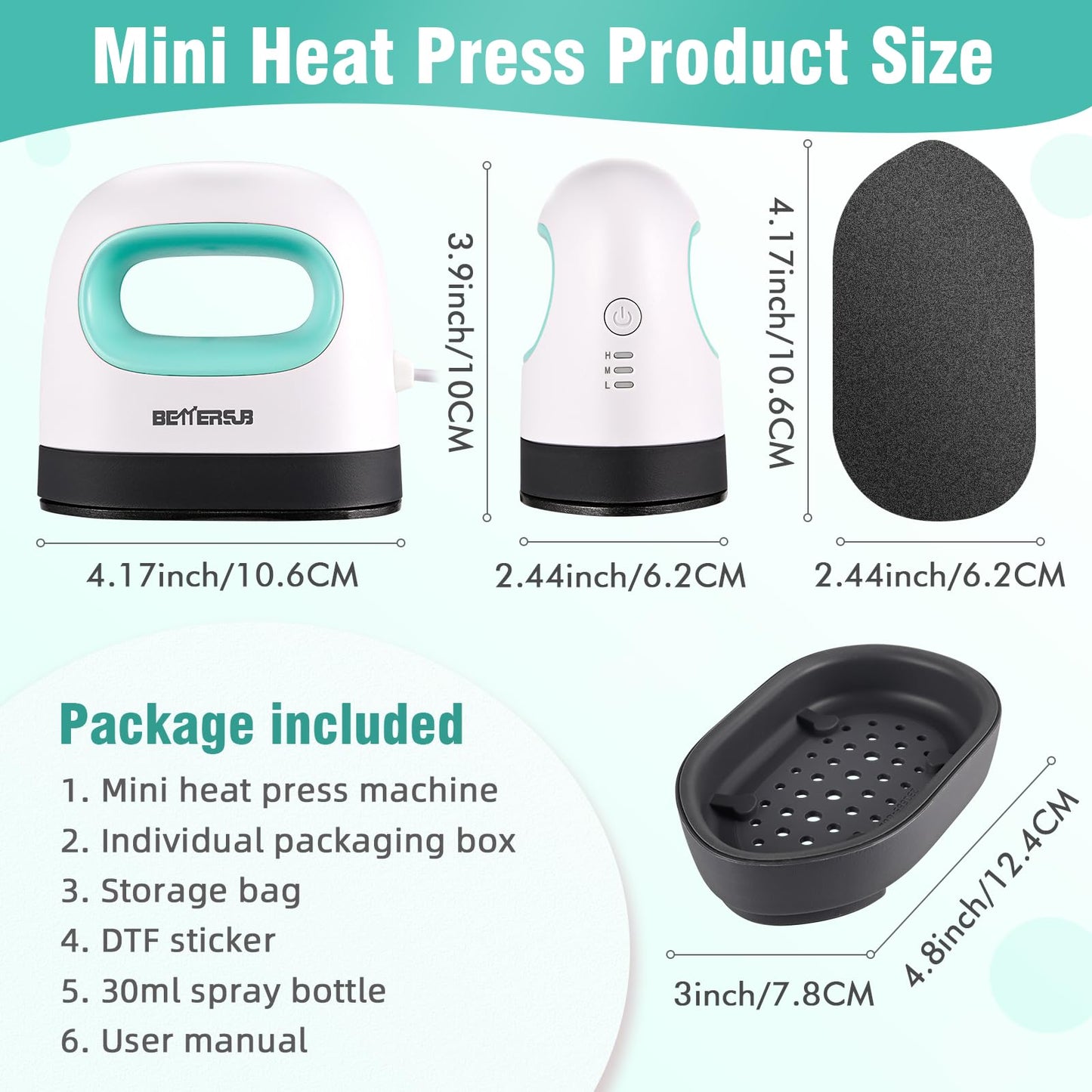 BetterSub Mini Heat Press Machine, Small Heat Press Portable Iron Press Machine, Sublimation and HTV Vinyl Shirt Press Machine for Hat, Bags, Heating Transfer Small Projects (Teal)