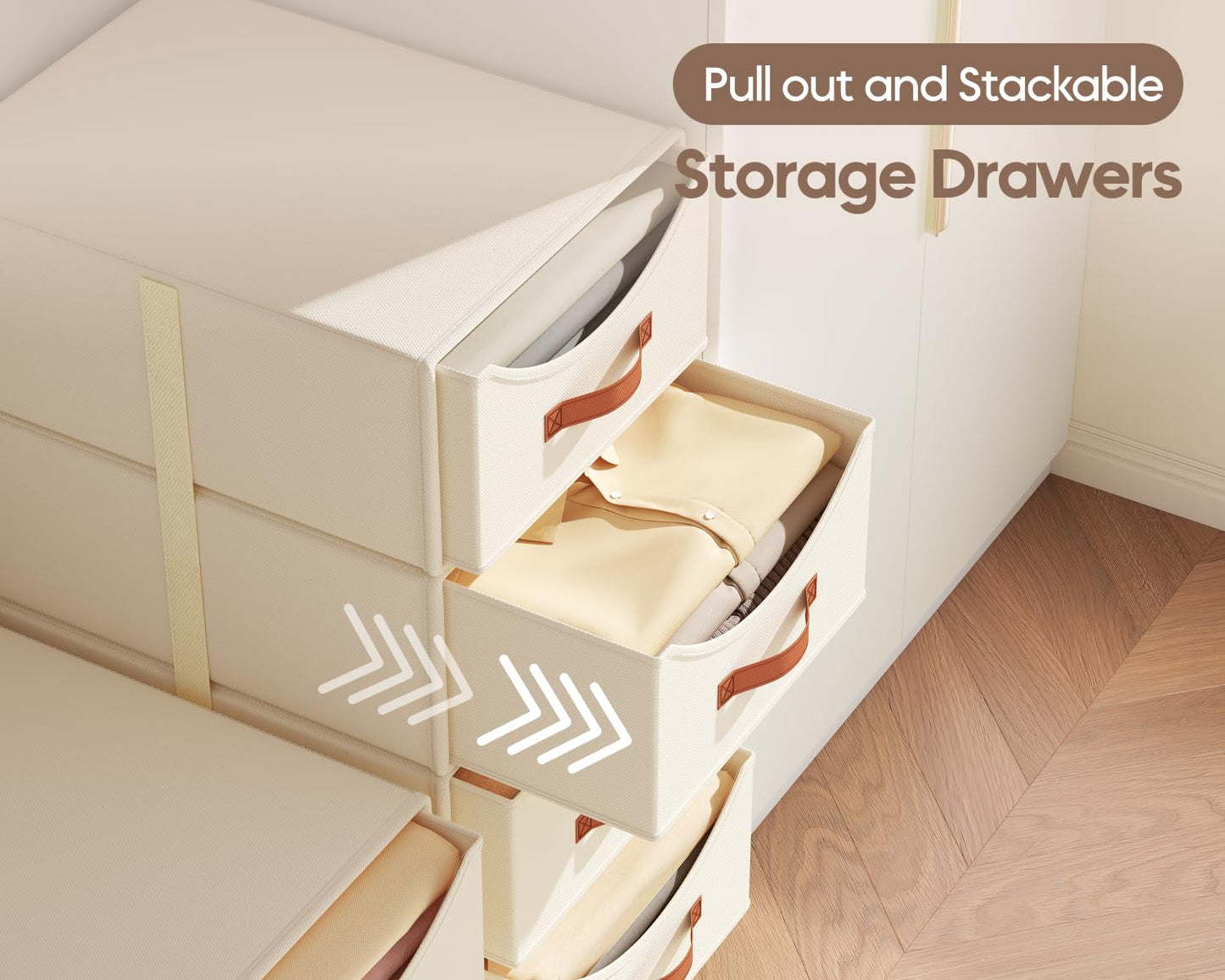 DIMJ Closet Storage and Drawers Organizers - 4 Pack Fabric Stackable Storage Drawer Unit Clothes Organization with Reinforced Handles for Wardrobe, Bedroom, Office,Shelves (Beige)