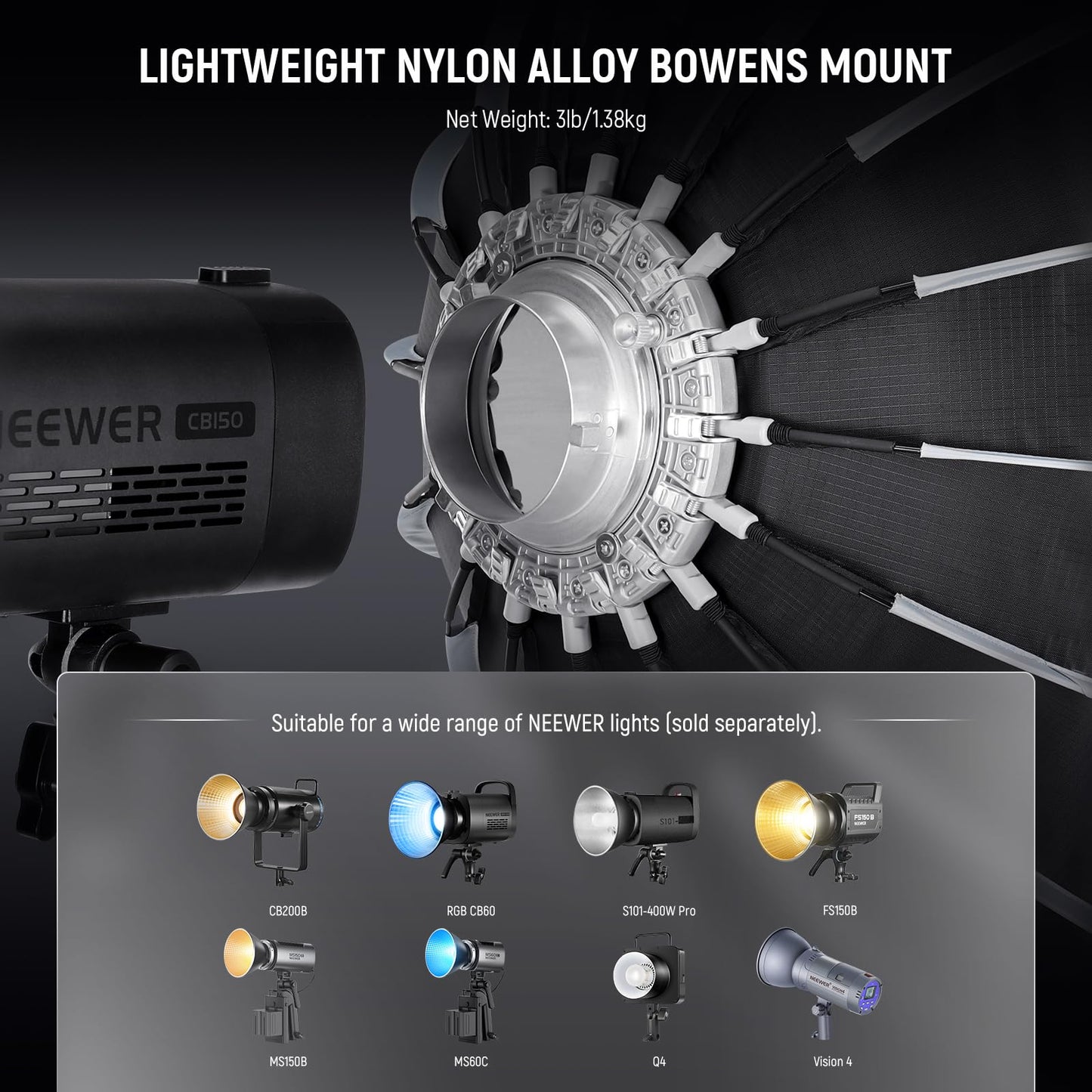 NEEWER 28"/70cm Parabolic Softbox Bowens Mount, Quick Release with Diffusers/Grid/Bag for Video Continuous Lighting CB60 CB200B MS60 MS150B Q4 Compatible with Godox Compatible with Aputure 600d, NS70P