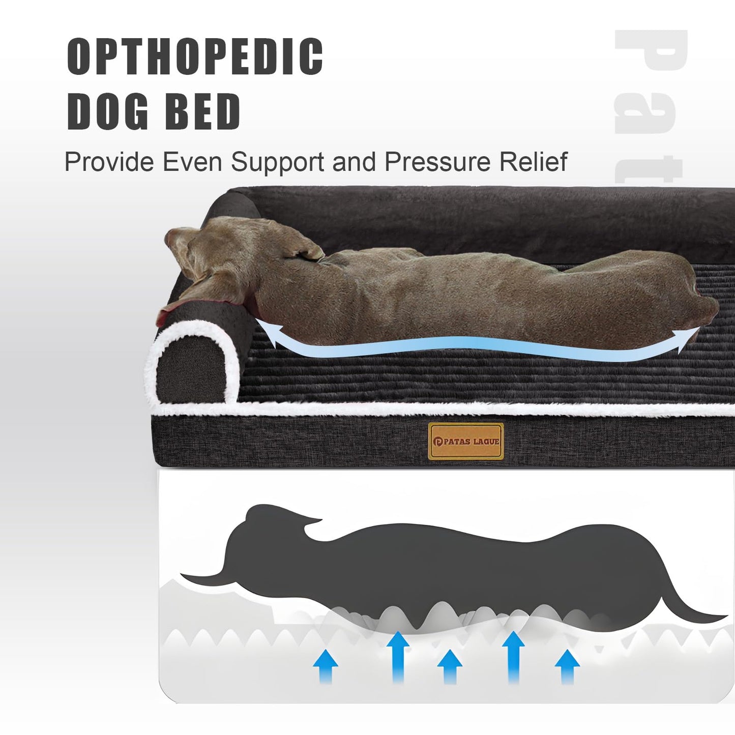 Patas Lague Orthopedic Dog Bed Large Sized Dog 91x61cm, Waterproof Comfortable L Bolster Medium Non-Slip Soft Warm Pet Crate Bed Sleep Sofa mat with Removable Washable Cover, Black