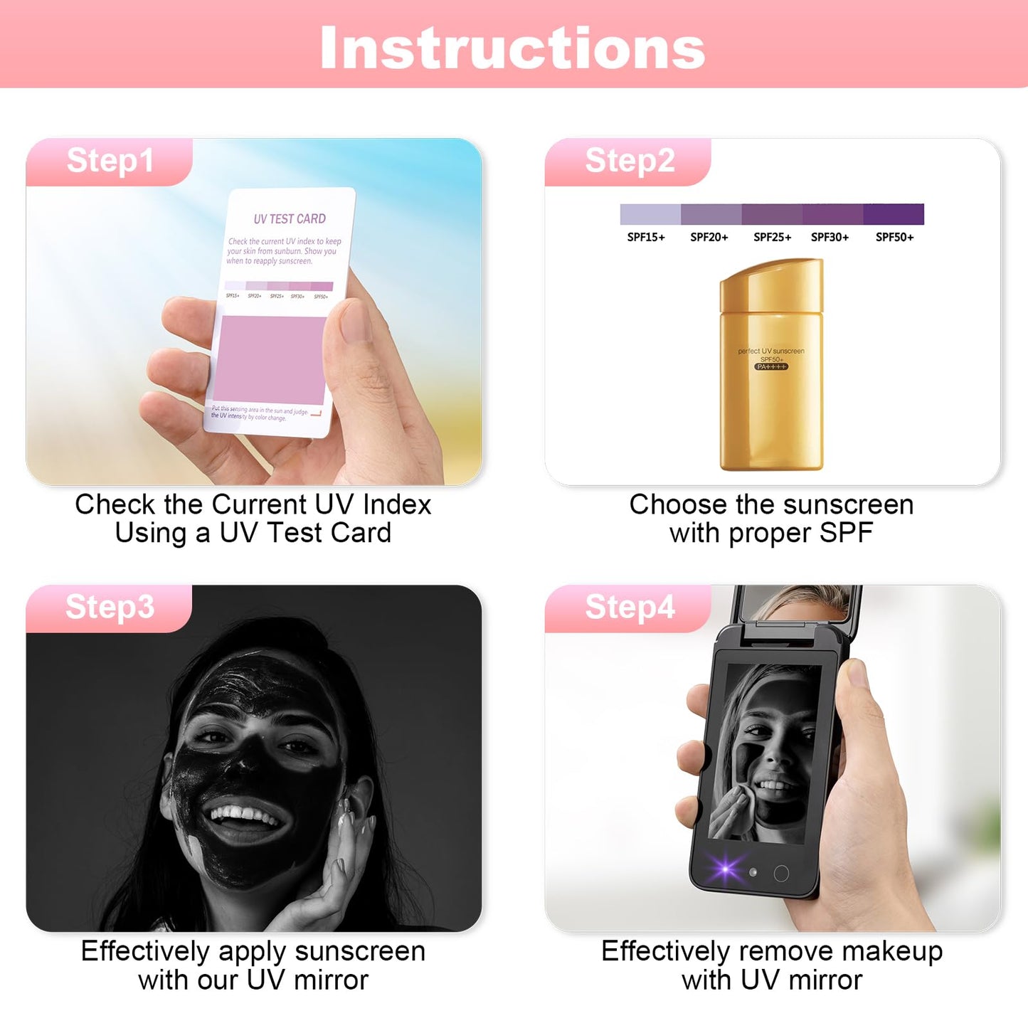 Vanmirr Compact UV Mirror with UV Camera for Sunscreen Test, 4 Inch Rechargable Travel Mirror Handheld Double-Sided Pocket Mirror for Skin Protection