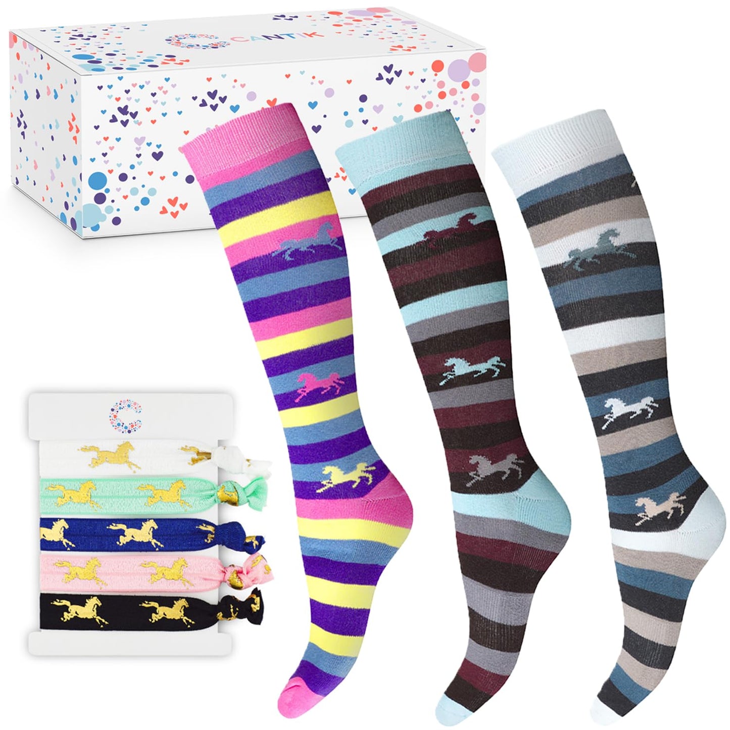 Cantik Horse Socks & Horse Hair Ties - Knee High Equestrian Socks (3 Pairs), Soft & Cotton Rich - Perfect Horse Gift For Girls, Teenagers, & Horse Lovers. Horse Riding Socks & 5 Ouchless No Crease Hair Ties Gift Set Cantik Horse Socks & Horse Hair Ties -