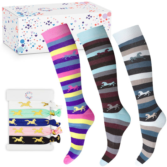 Cantik Horse Socks & Horse Hair Ties - Knee High Equestrian Socks (3 Pairs), Soft & Cotton Rich - Perfect Horse Gift For Girls, Teenagers, & Horse Lovers. Horse Riding Socks & 5 Ouchless No Crease Hair Ties Gift Set Cantik Horse Socks & Horse Hair Ties -
