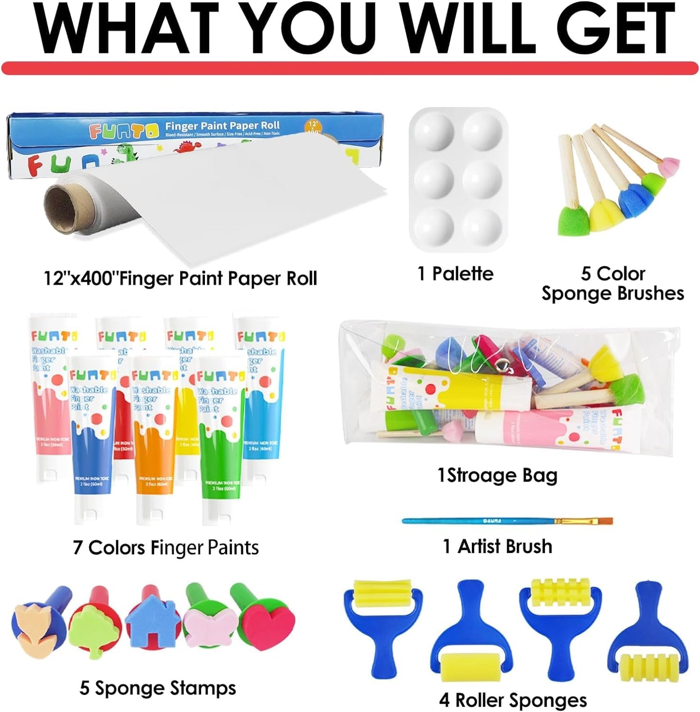 Funto Kids Washable Finger Paint Set, 25 PCS Non Toxic Art Painting Supplies for Baby, Includes Finger Paint Paper Roll, Brush Set, Arts Crafts for Toddlers Age 1-3