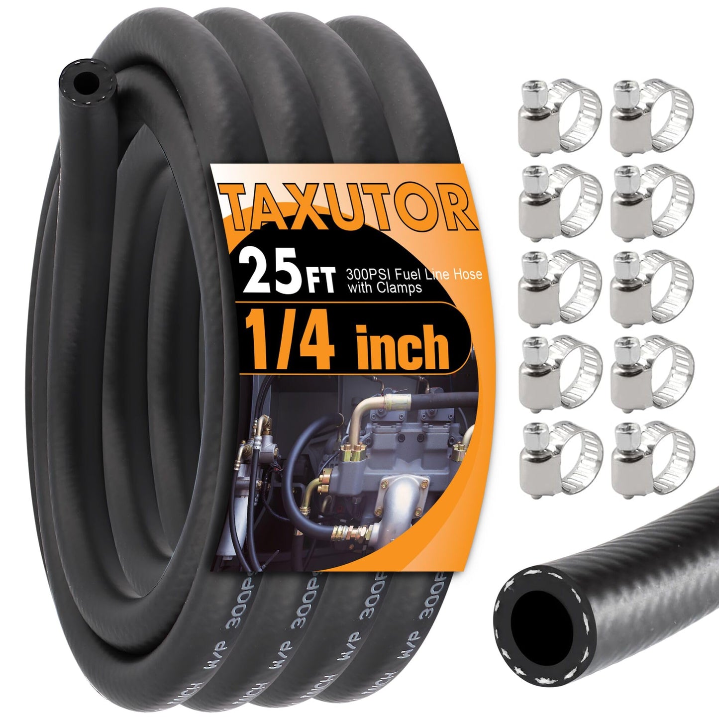 Taxutor 1/4 inch ID Fuel Line Hose 25FT NBR Rubber Push Lock Gas Hose High Pressure 300PSI for Automotive Fuel Systems Engines