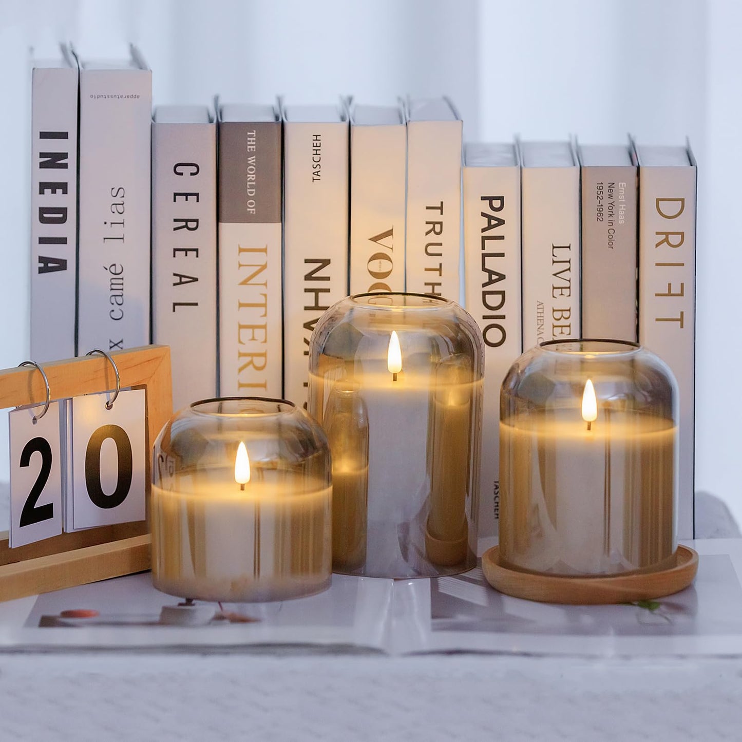 volnyus Gray Glass Flameless Candles Set of 3 (Φ 4" H 4" 5" 6") with Remote Battery Operated Flickering LED Pillar Candles Real Wax 3D Wick