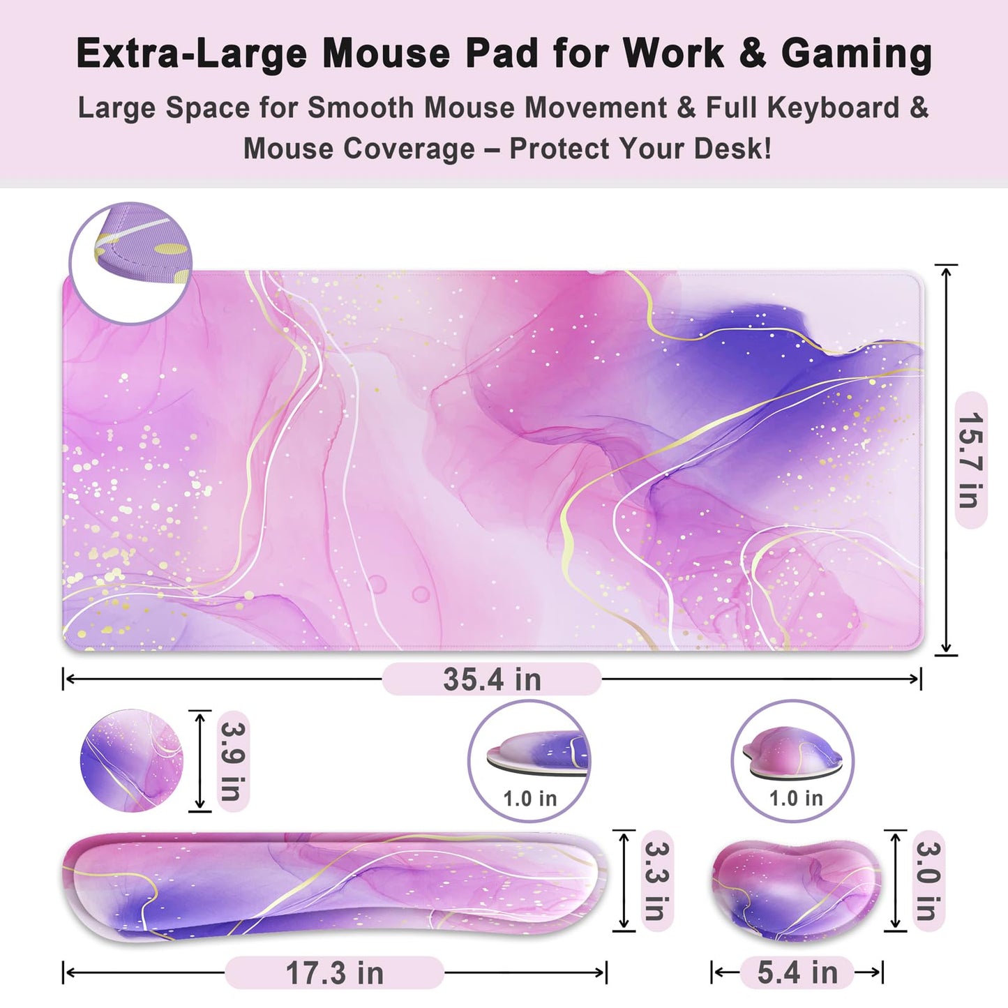 4 in 1 Extended Mouse Pad Set with Memory Foam Keyboard Wrist Rest, Mouse Wrist Cushion & Cute Coaster, Ergonomic Large Desk Pad for Home Office & Gaming (Pink & Purple Marble)