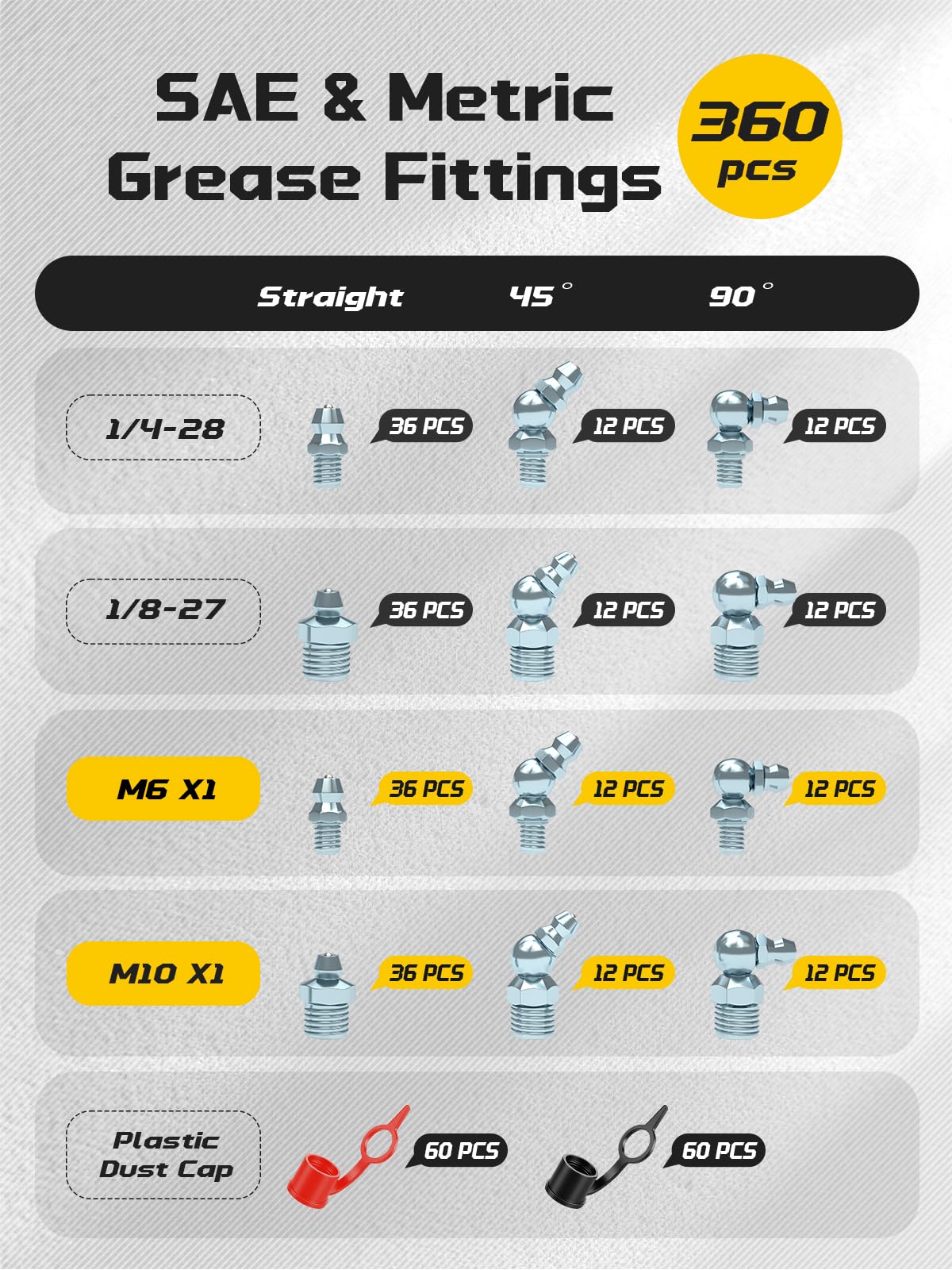 AZUNO Grease Fittings Assortment, 240 Pcs SAE & Metric Grease Nipples NPT 1/4" 1/8" M6 M10, Straight 45 90 Degree Grease Zerk Fittings with Caps for Grease Gun