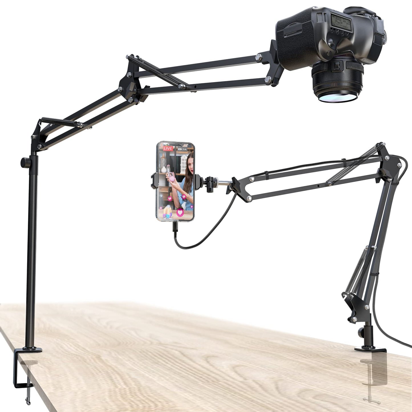 CACENCAN Overhead Camera Mount, 5lb Horizontal Load-Bearing, 360° Adjustable Stand for Desk, Flexible Camera Arm Desk Mount, with Phone Clamp, Tabletop Mount for DSLR Camera/Webcam/Microphone