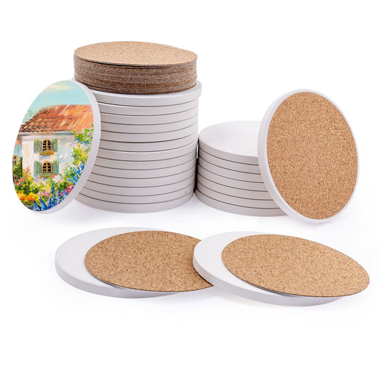 48 Pcs Ceramic Tile for Crafts Coasters, 4 Inch Unglazed Round Ceramic Coasters with 24 Pcs Cork Backing Pads, Blank Drink Cup Mat for DIY Arts Craft Project Coasters