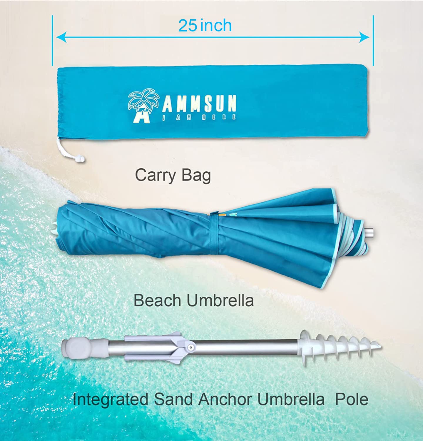 AMMSUN 6ft Folded Travel Beach Umbrella fit in Suitcase with Sand Anchor Tilt Silver Coating Inside UPF 50+UV Protection Portable Compact Foldable beach umbrella for Travel,Sun and Outdoor Sky Blue