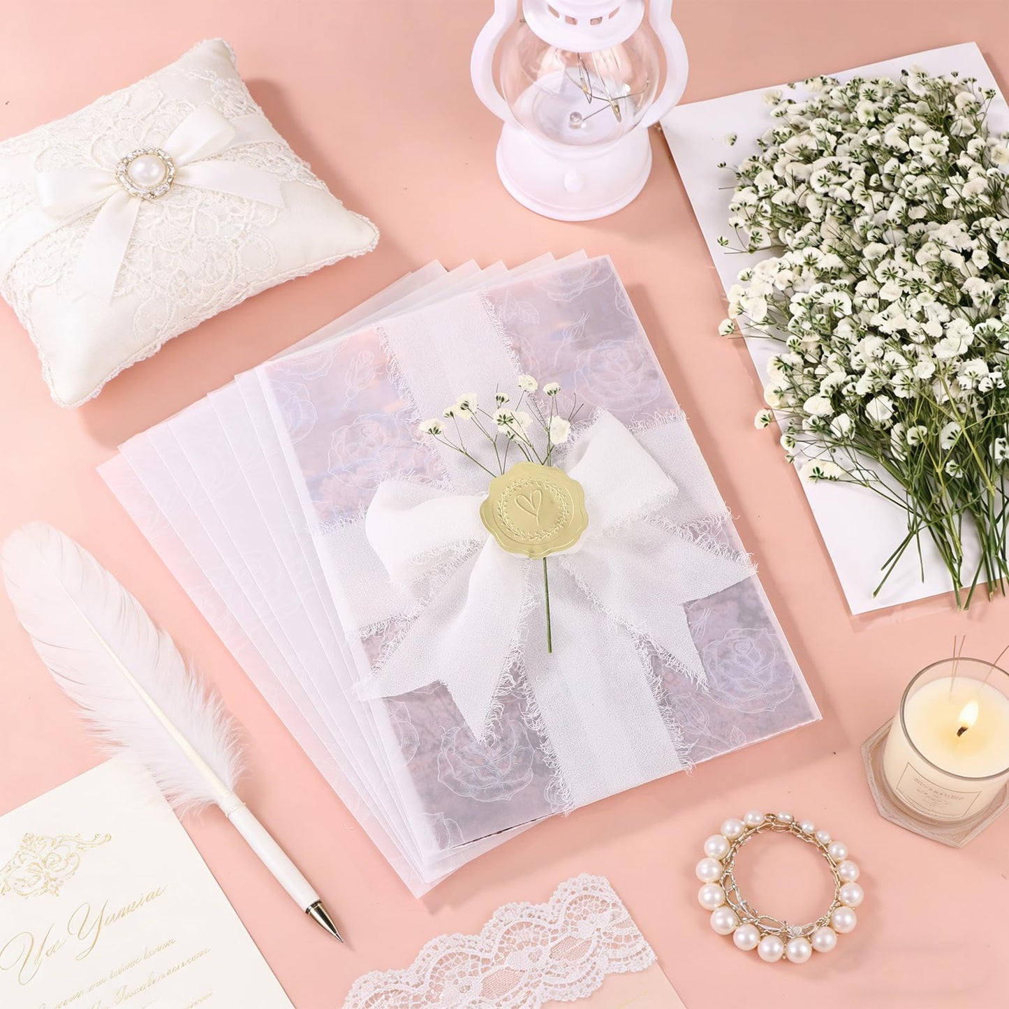 50 Sets Wedding Invitations Wraps Include 5 x 7 Pre Folded Vellum Jackets White Rose-Printed Transparent Paper Envelope Dried Baby's Breath Flowers Gold Foil Heart Stickers Chiffon Ribbons for Wedding
